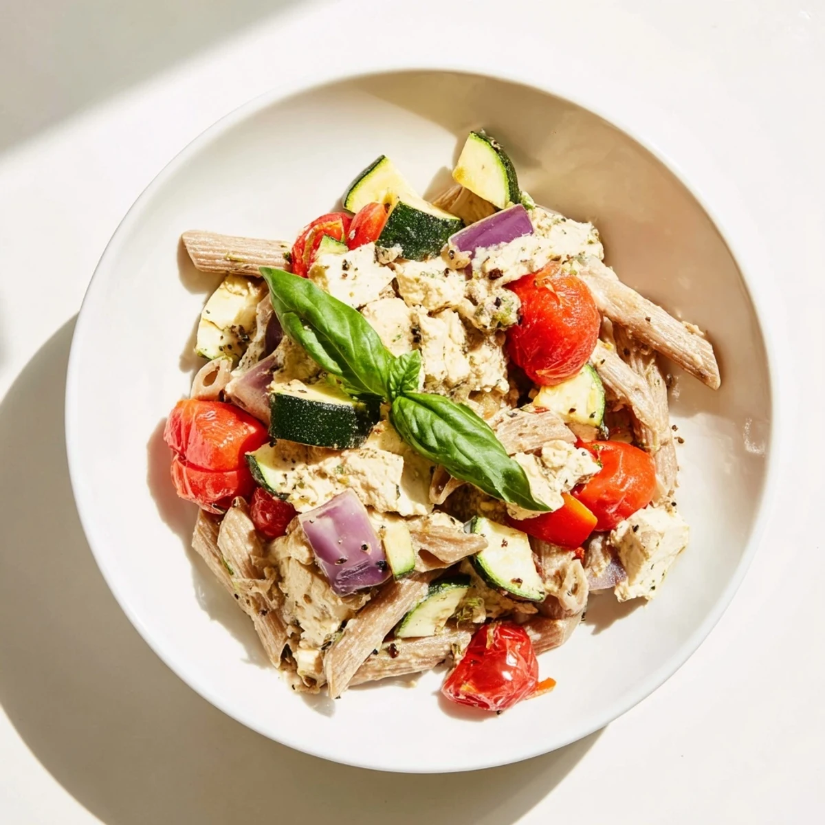 Golden melted baked feta cheese pasta with roasted vegetables, ready to serve and enjoy.