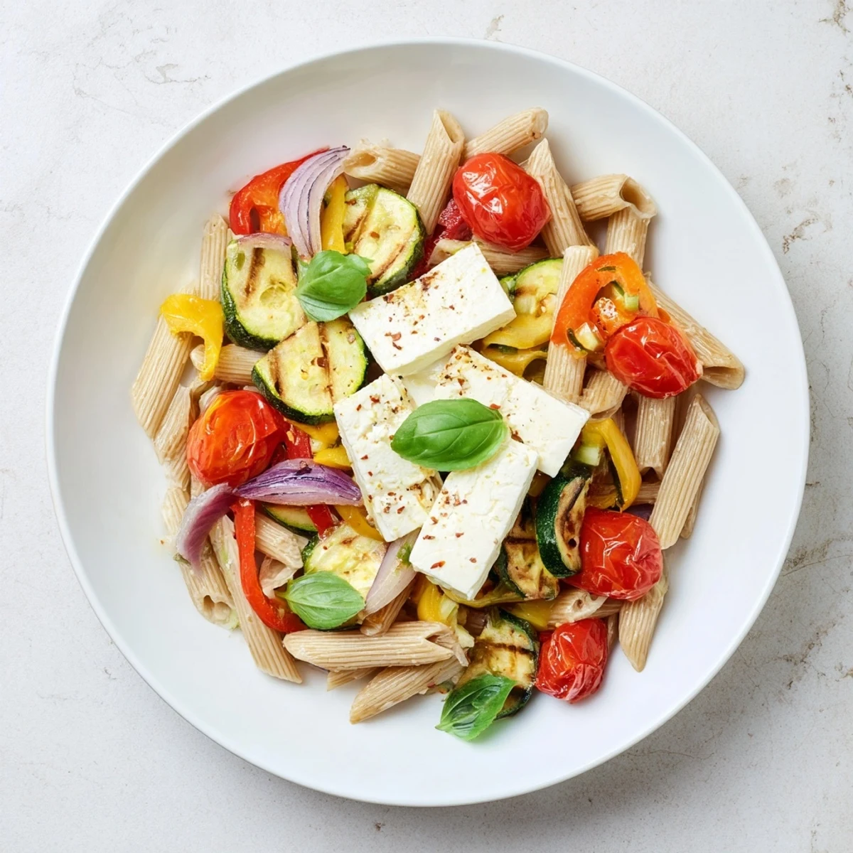 Flavorful baked feta pasta featuring whole-grain pasta and colorful roasted bell peppers.