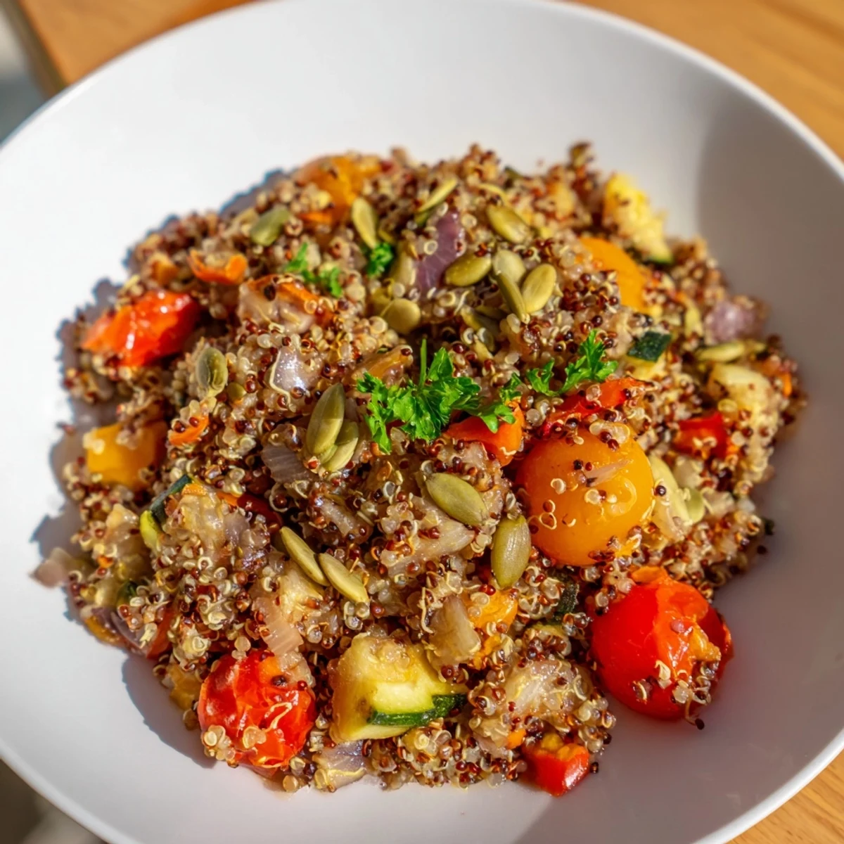 Vibrant Quinoa Power Protein Salad, loaded with roasted veggies and drizzled with creamy dressing.
