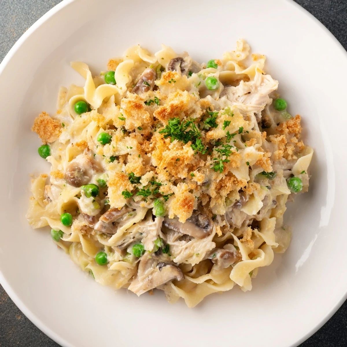 Creamy tuna noodle casserole with golden topping, a comforting American main dish.