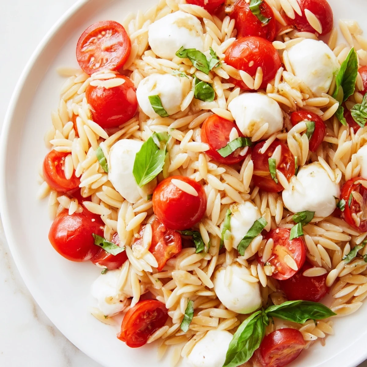 Fresh Caprese Orzo Salad with juicy tomatoes, creamy mozzarella, and a tangy balsamic dressing, a lovely summer dish.