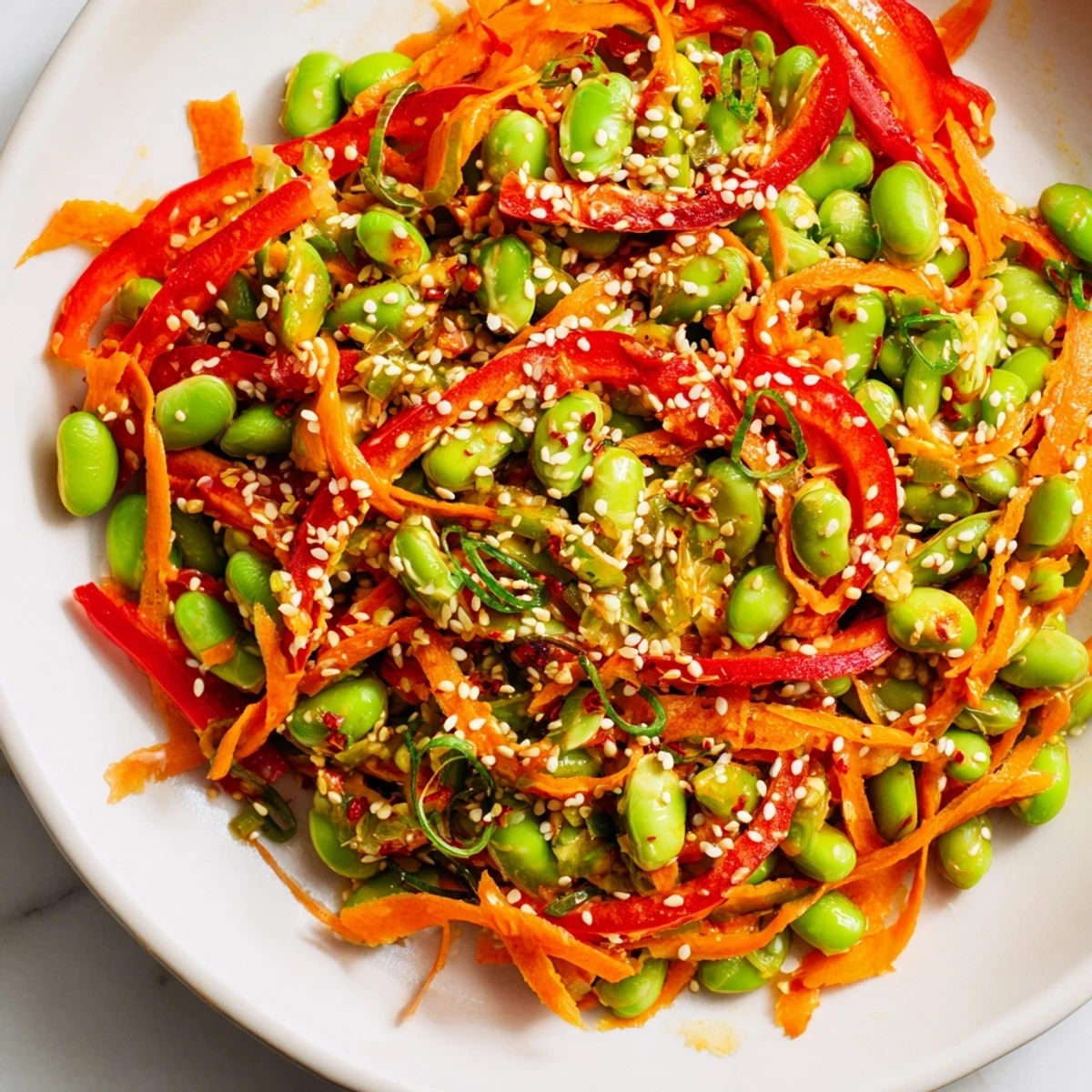 This refreshing Asian Edamame Salad features a vibrant sesame ginger dressing and toasted sesame seeds.