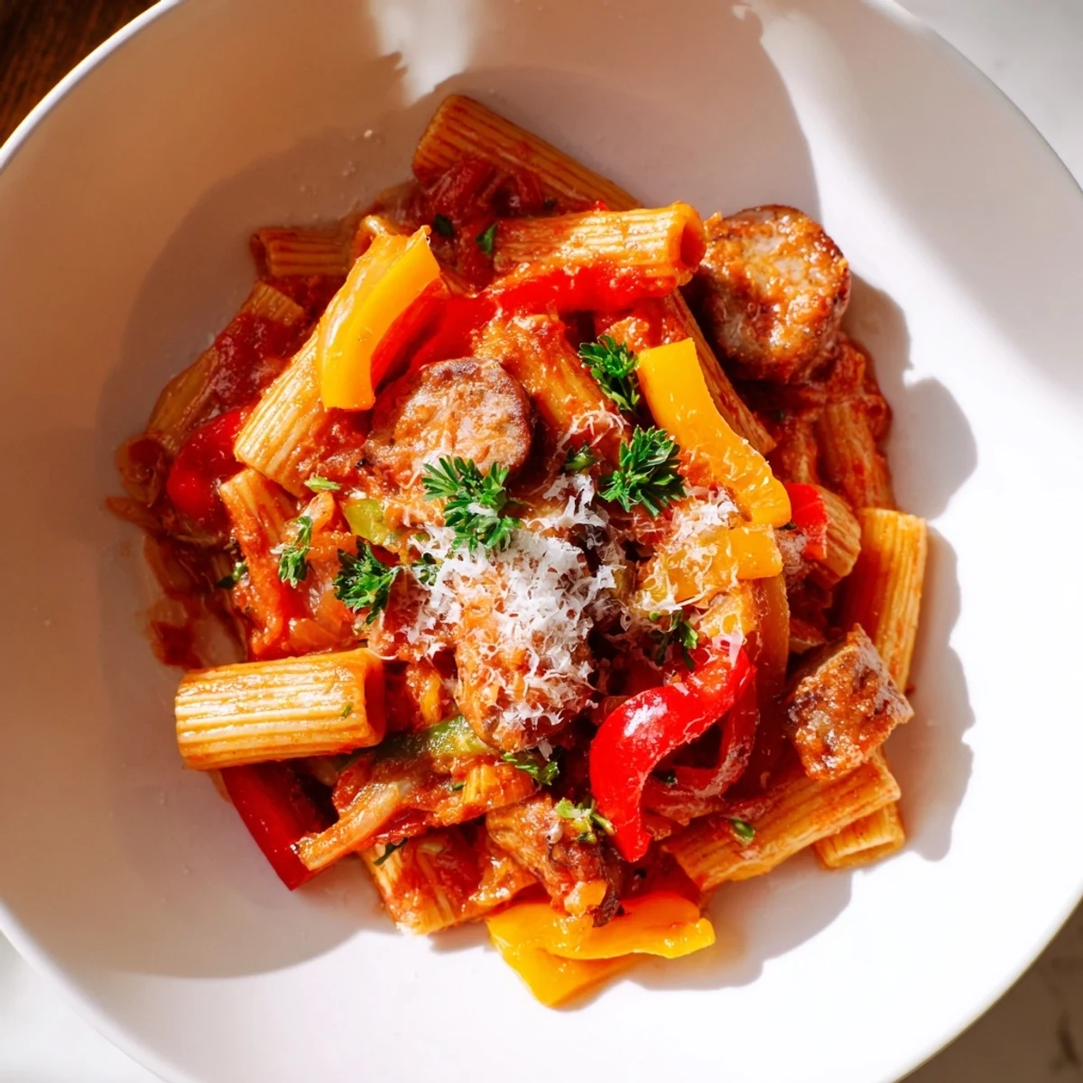 Sausage and Peppers Pasta simmering in a skillet, bursting with colorful peppers and savory sausage.