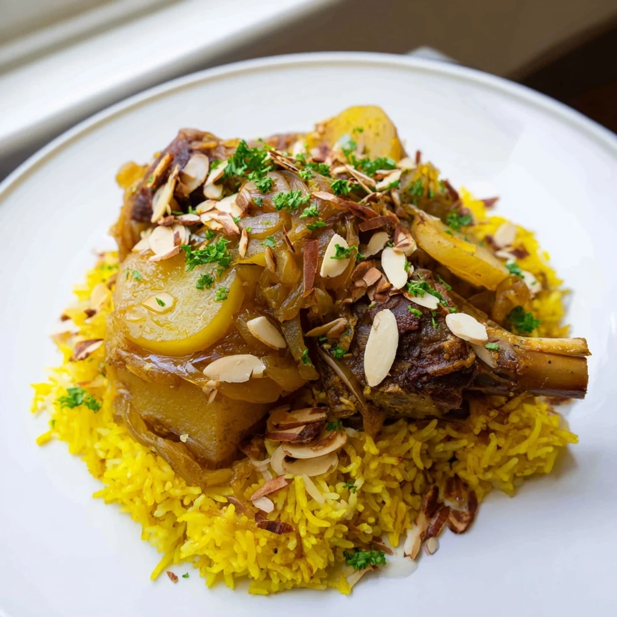A stunning flipped Maqluba presentation showcases layers of rice, meat, and vegetables, ready to serve.