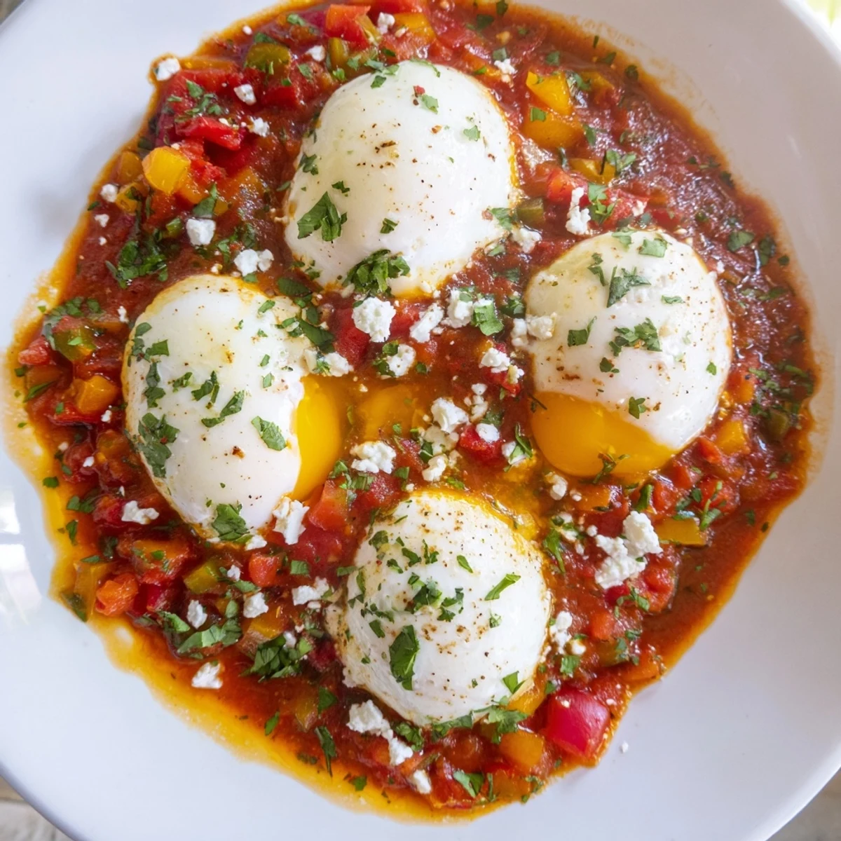 Steaming Israeli Shakshuka eggs in a flavorful tomato sauce, garnished with fresh herbs, ready to serve.