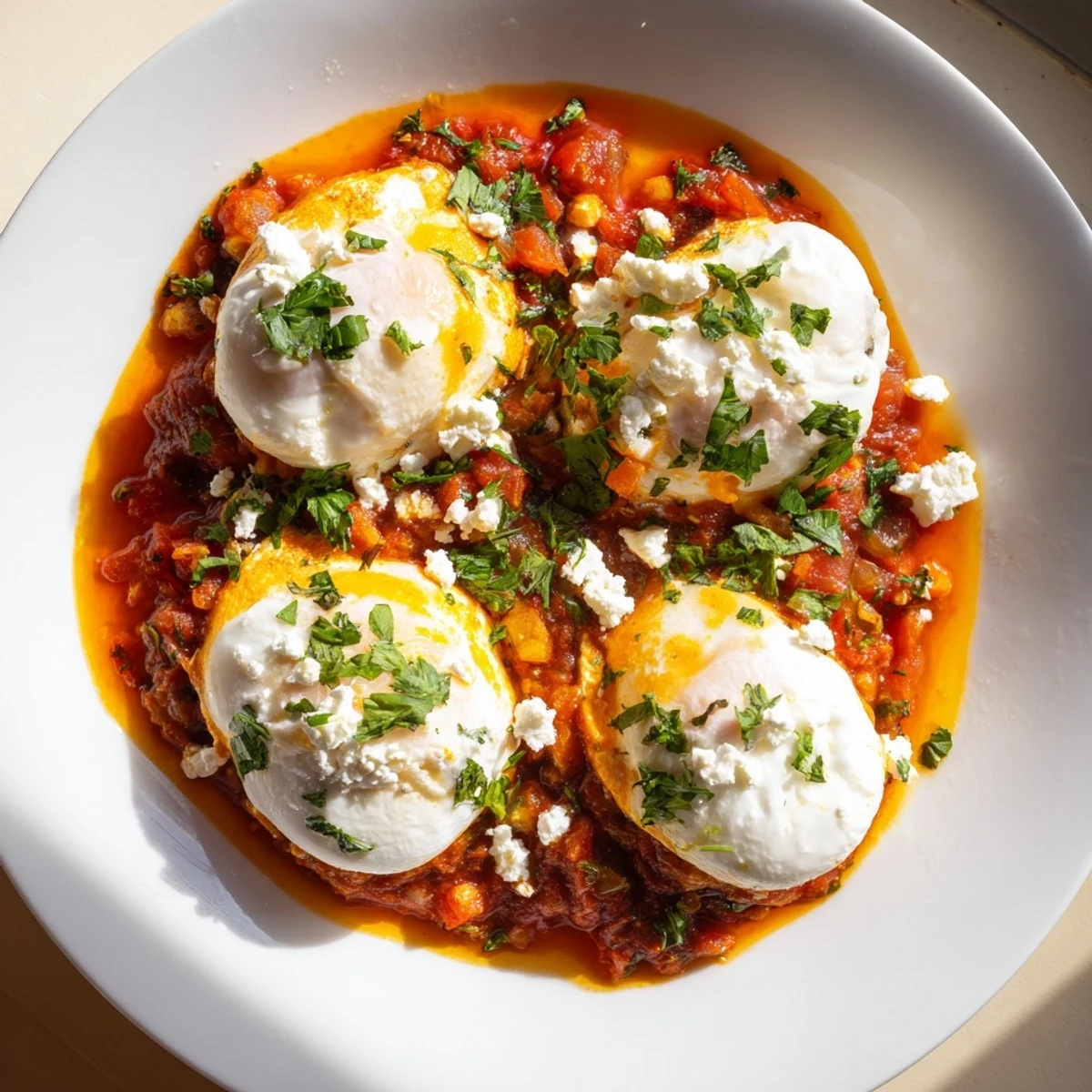 A simmering pan of Israeli Shakshuka, vibrant red with tomatoes and perfectly poached eggs, ready to eat.