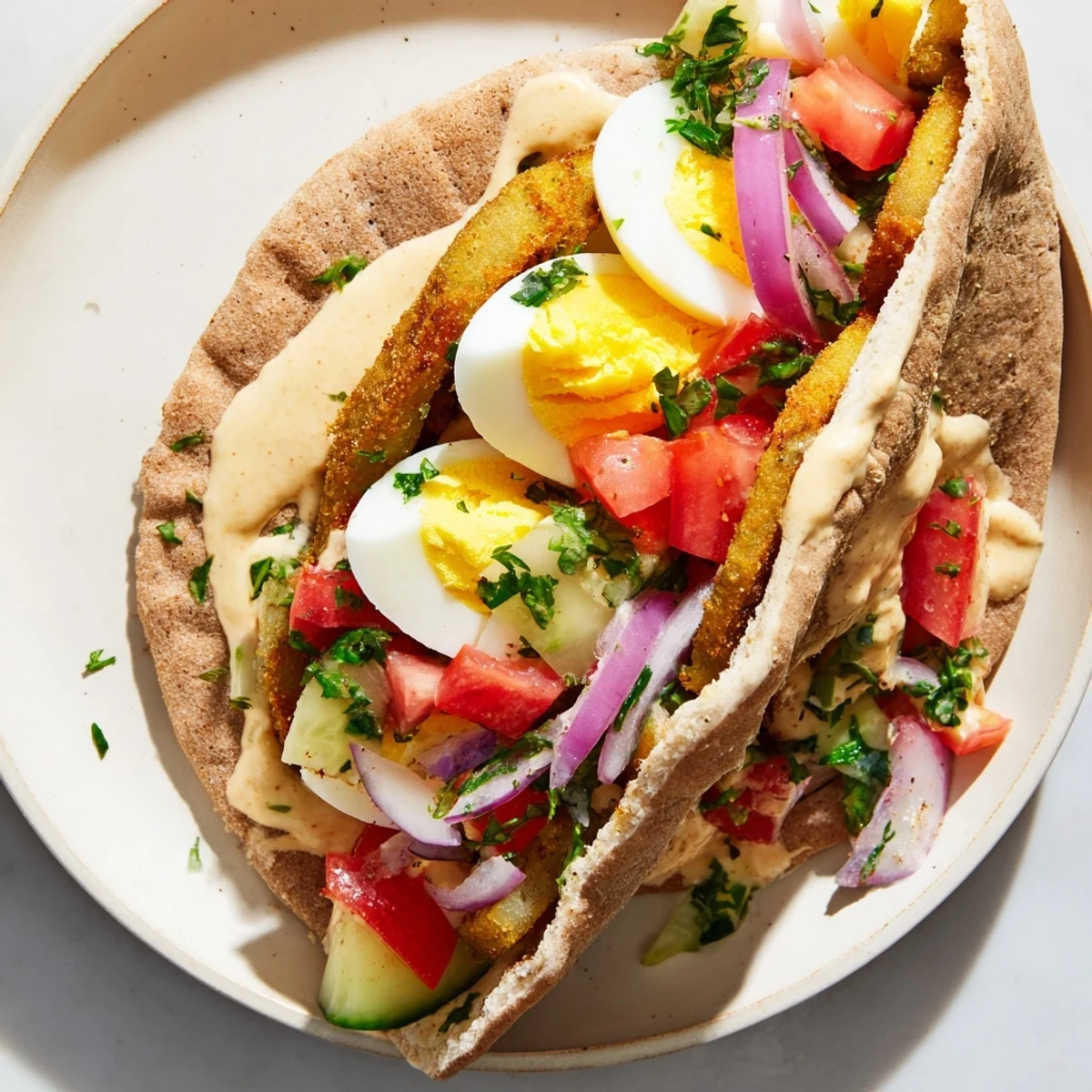 A close-up shot of a Sabich features stacked ingredients ready to eat this flavorful Israeli dish.