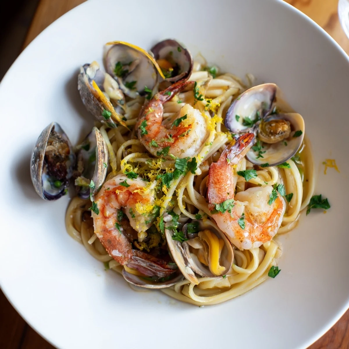 Steaming bowls of Seafood Linguine, showing plump shrimp and flavorful clams in a rich white wine sauce.