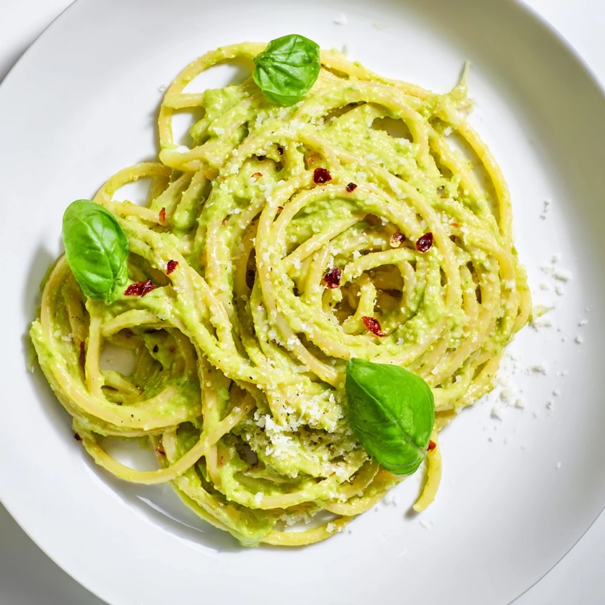 Creamy Smashed Avocado Pasta coated in a vibrant green sauce, ready to serve with fresh lime wedges.