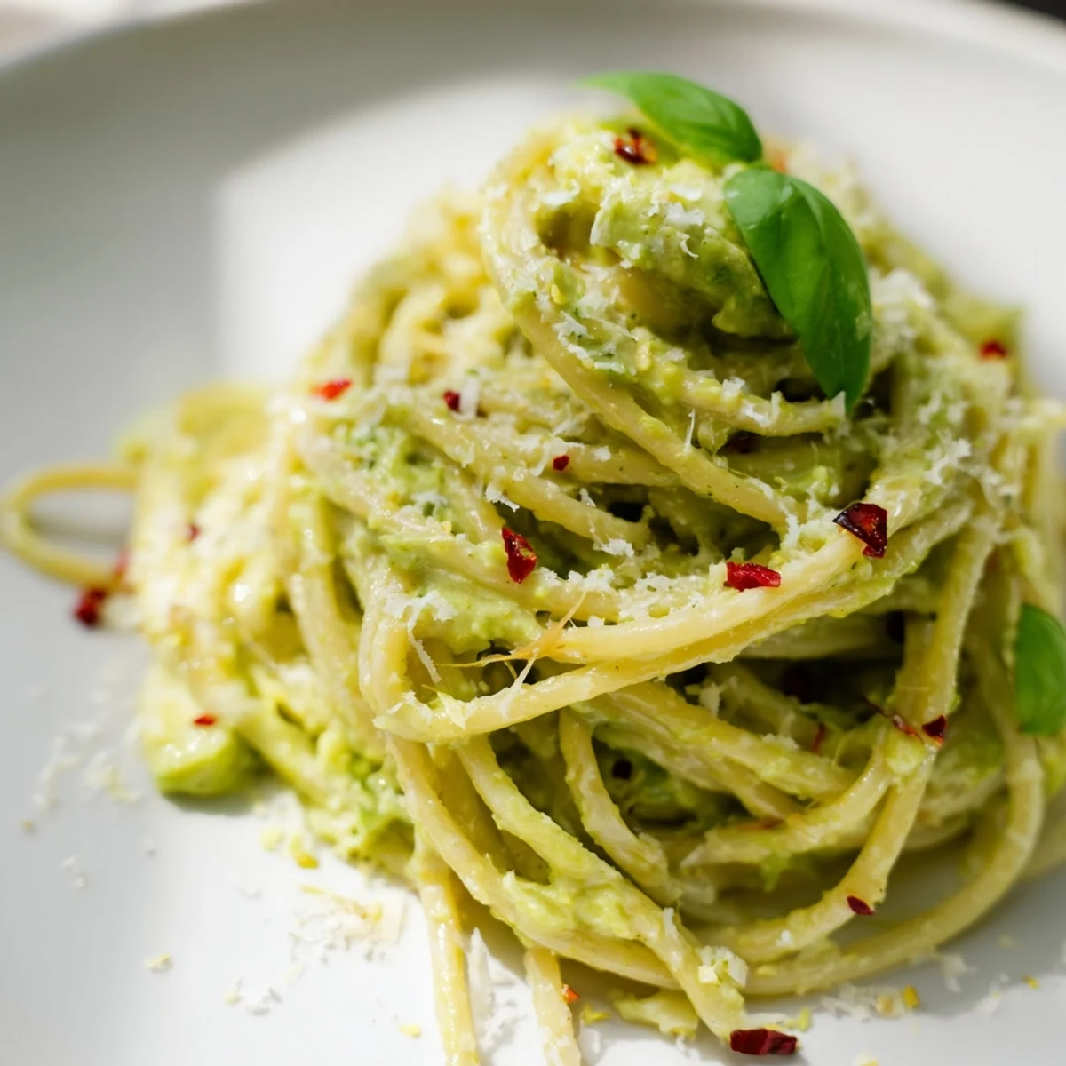 A bowl of delicious Smashed Avocado Pasta, garnished with fresh herbs and chili flakes, ready to eat.