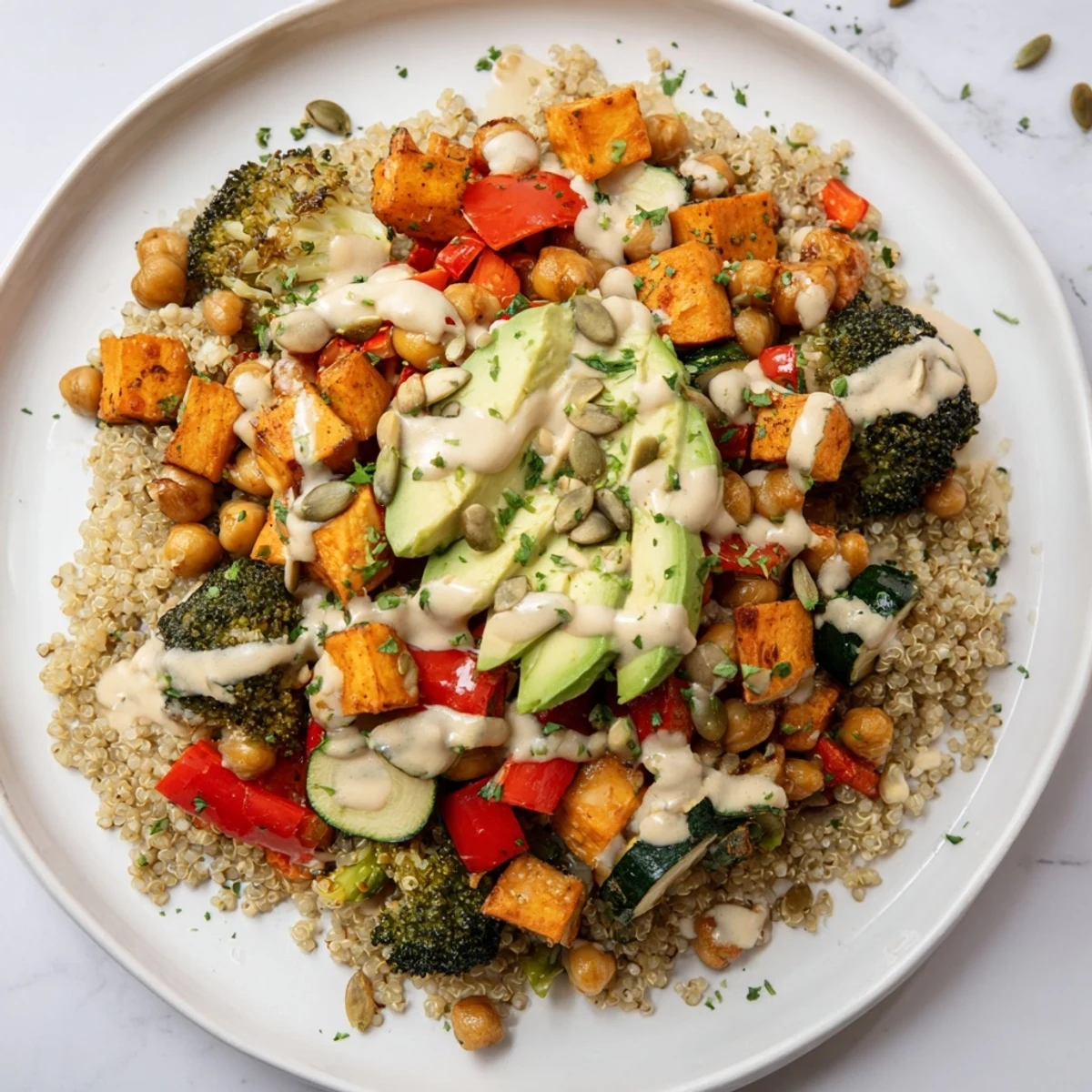 A vibrant quinoa Buddha bowl featuring tender roasted veggies, chickpeas, and a drizzle of creamy tahini dressing.