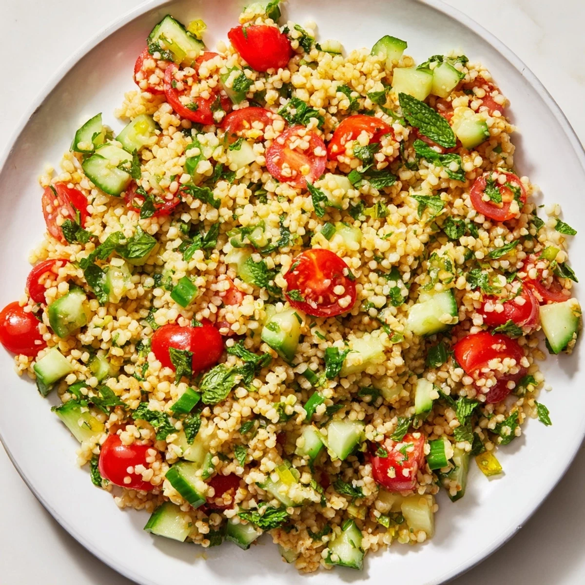 Freshly made bulgur wheat Tabbouleh, featuring crisp cucumbers and a zesty lemon dressing, appealing.