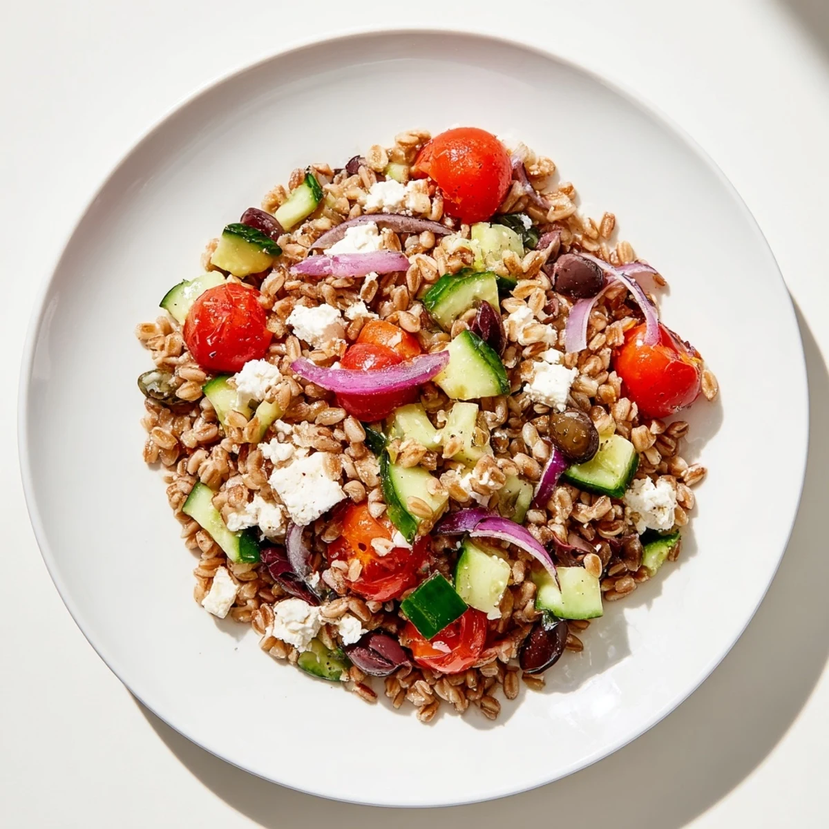 Mediterranean Farro Salad with glistening tomatoes and creamy feta, perfect for a light vegetarian lunch.
