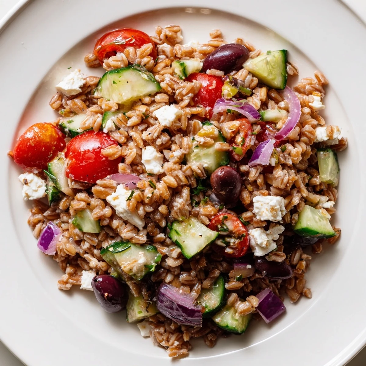 Enjoy a colorful and flavorful Mediterranean Farro Salad, ideal as a side dish or main course.