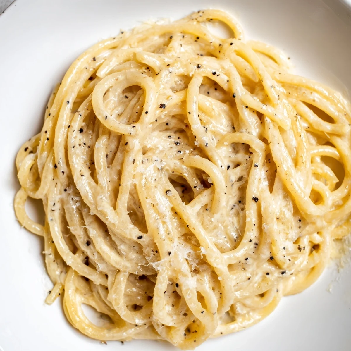 Plated Spaghetti Cacio e Pepe, garnished with extra Pecorino and cracked pepper, ready to be served with a glass of white wine.