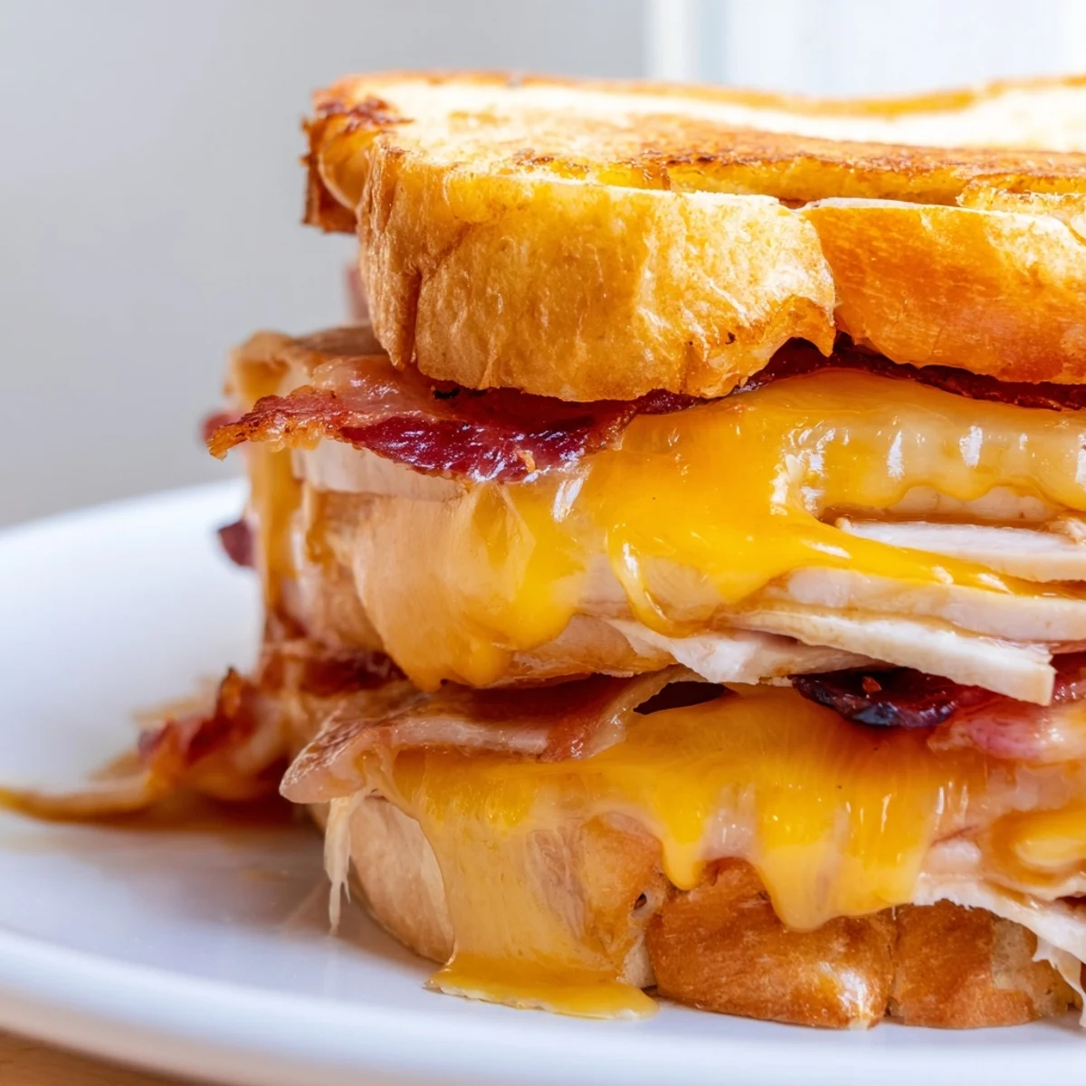 Serve this hearty Turkey Club Grilled Cheese sandwich with a side of dill pickles, showcasing layers of turkey, bacon, and cheese between toasted bread.