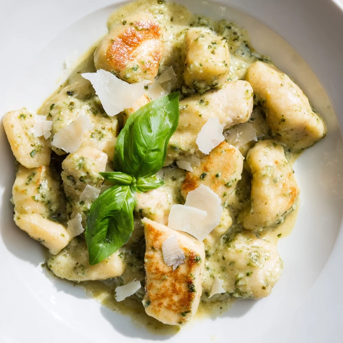 Golden-brown pan-seared chicken pieces and pillowy gnocchi coated in a vibrant green basil pesto cream sauce, garnished with fresh basil and shaved Parmesan.