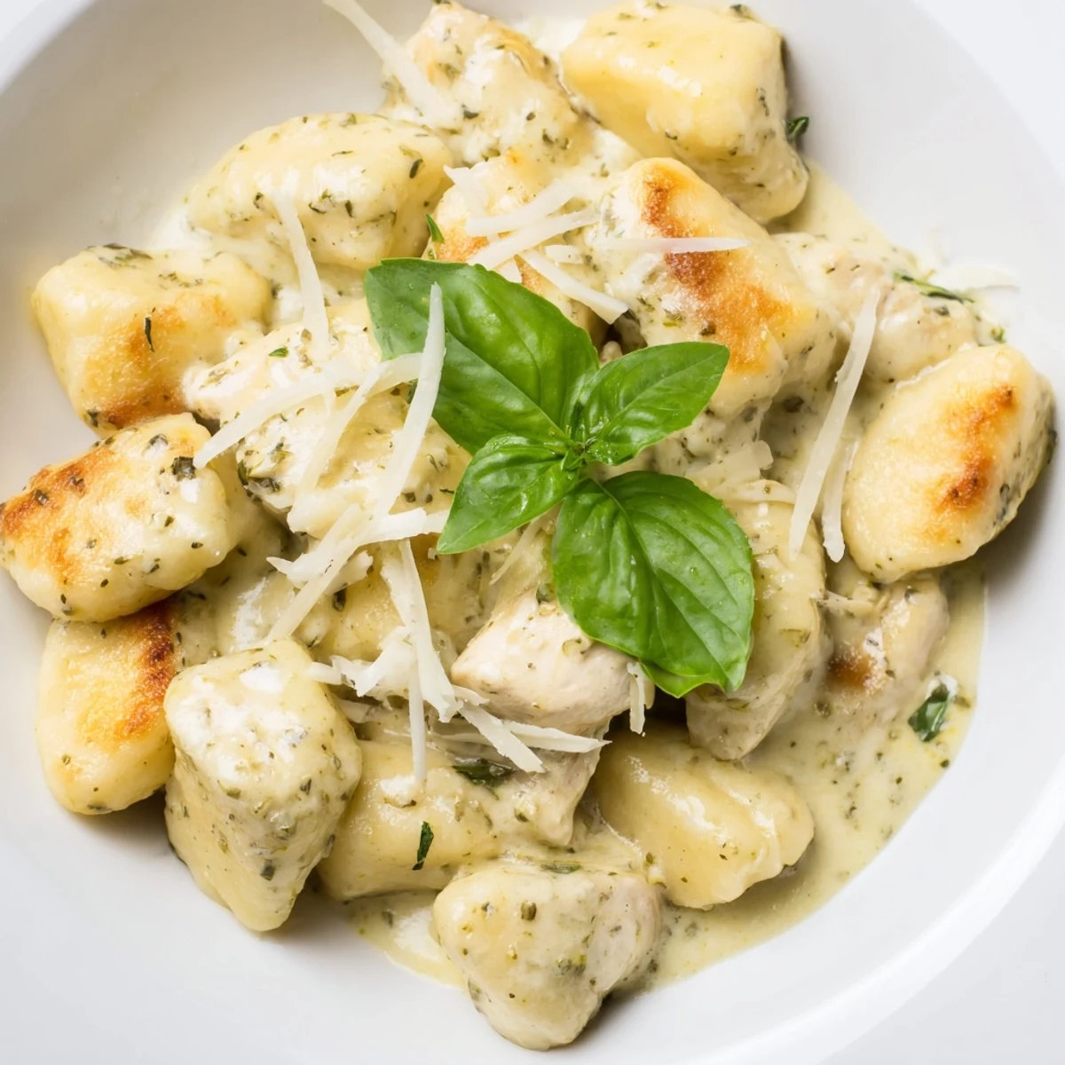 Weeknight dinner plates featuring golden gnocchi and juicy chicken bites smothered in rich, herbaceous pesto cream sauce, ready to be enjoyed.