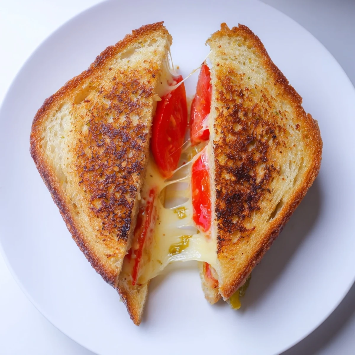 Grilled Pepper Jack & Tomato Grilled Cheese on jalapeño bread, served beside creamy tomato soup.