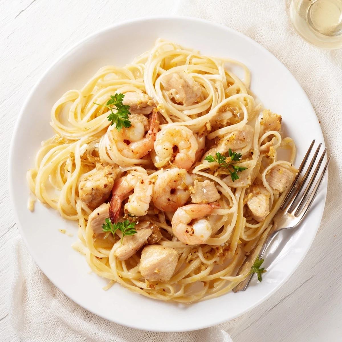 A close-up of Lemon Garlic Shrimp & Chicken Pasta twirled on a fork, showcasing tender shrimp and juicy chicken alongside al dente linguine in zesty garlic sauce.