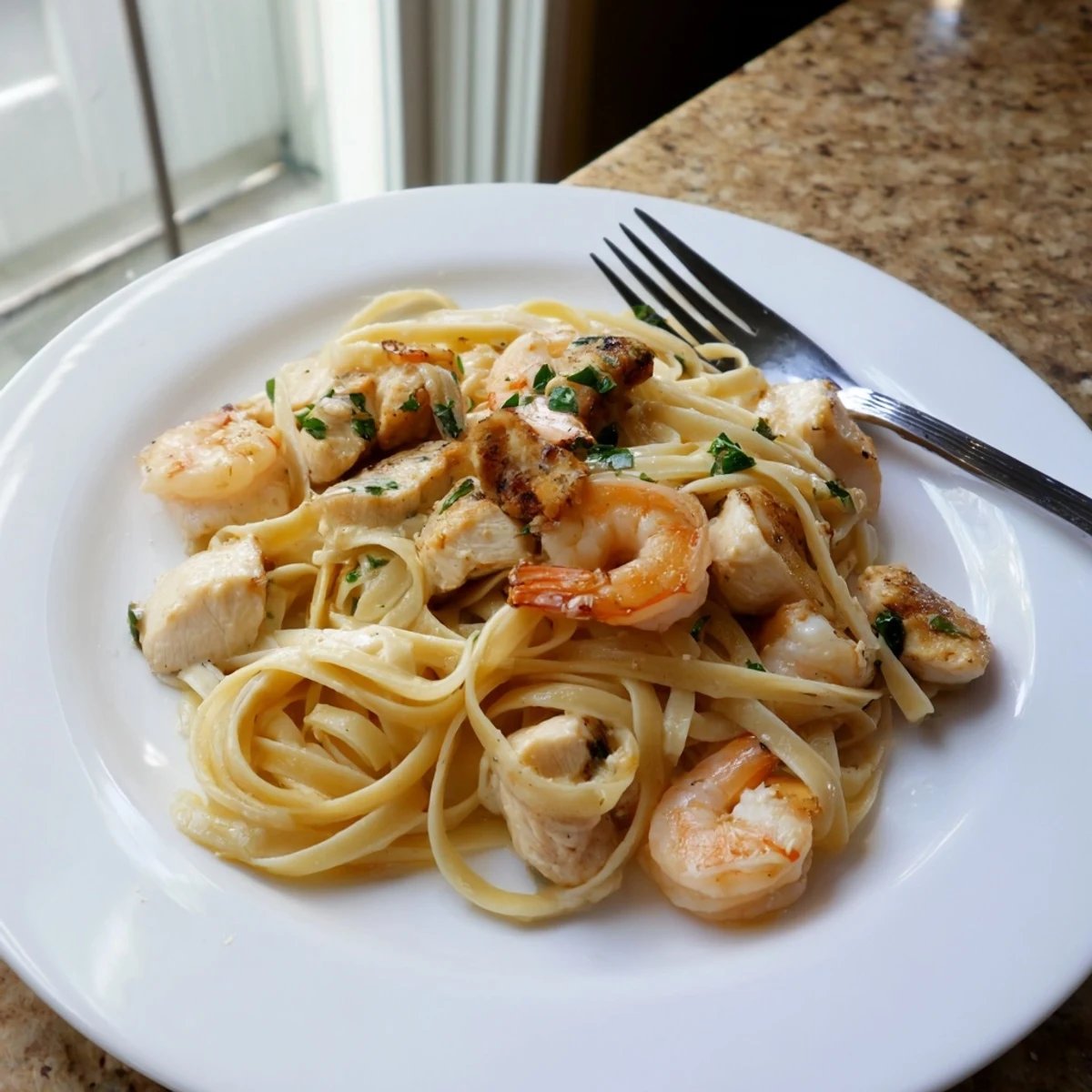 Plated Lemon Garlic Shrimp & Chicken Pasta garnished with fresh parsley and lemon wedges, ready to serve with a glass of crisp white wine for a special dinner.