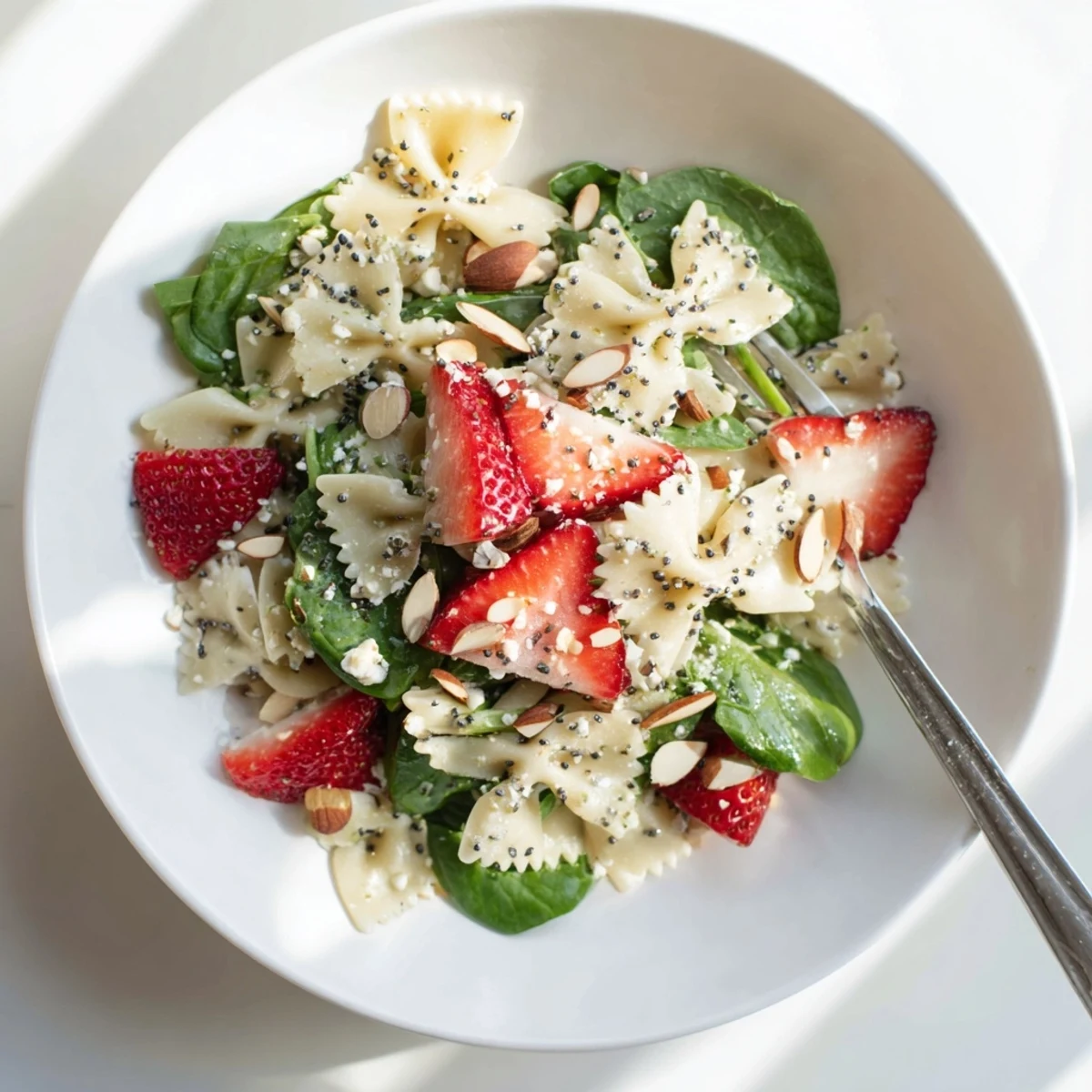 A refreshing bowl of Spring Spinach Strawberry Pasta Salad features sliced strawberries, spinach, and toasted almonds for a perfect spring gathering.