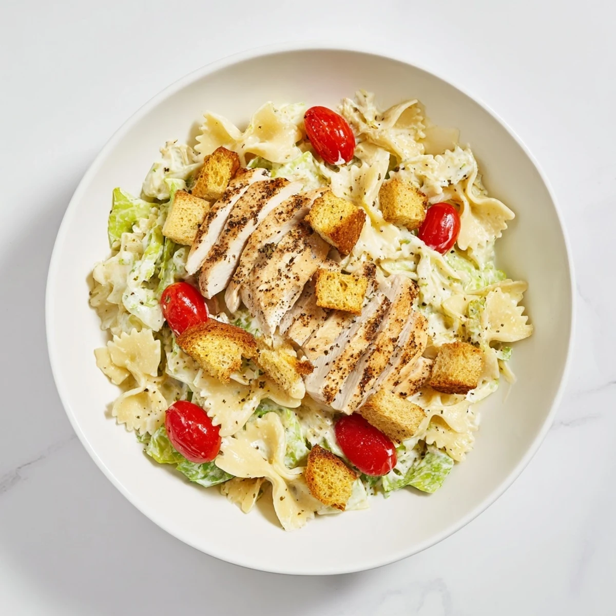 A vibrant serving of Caesar Pasta Chicken Bowl with halved cherry tomatoes, tossed in creamy Caesar dressing, ready to enjoy.
