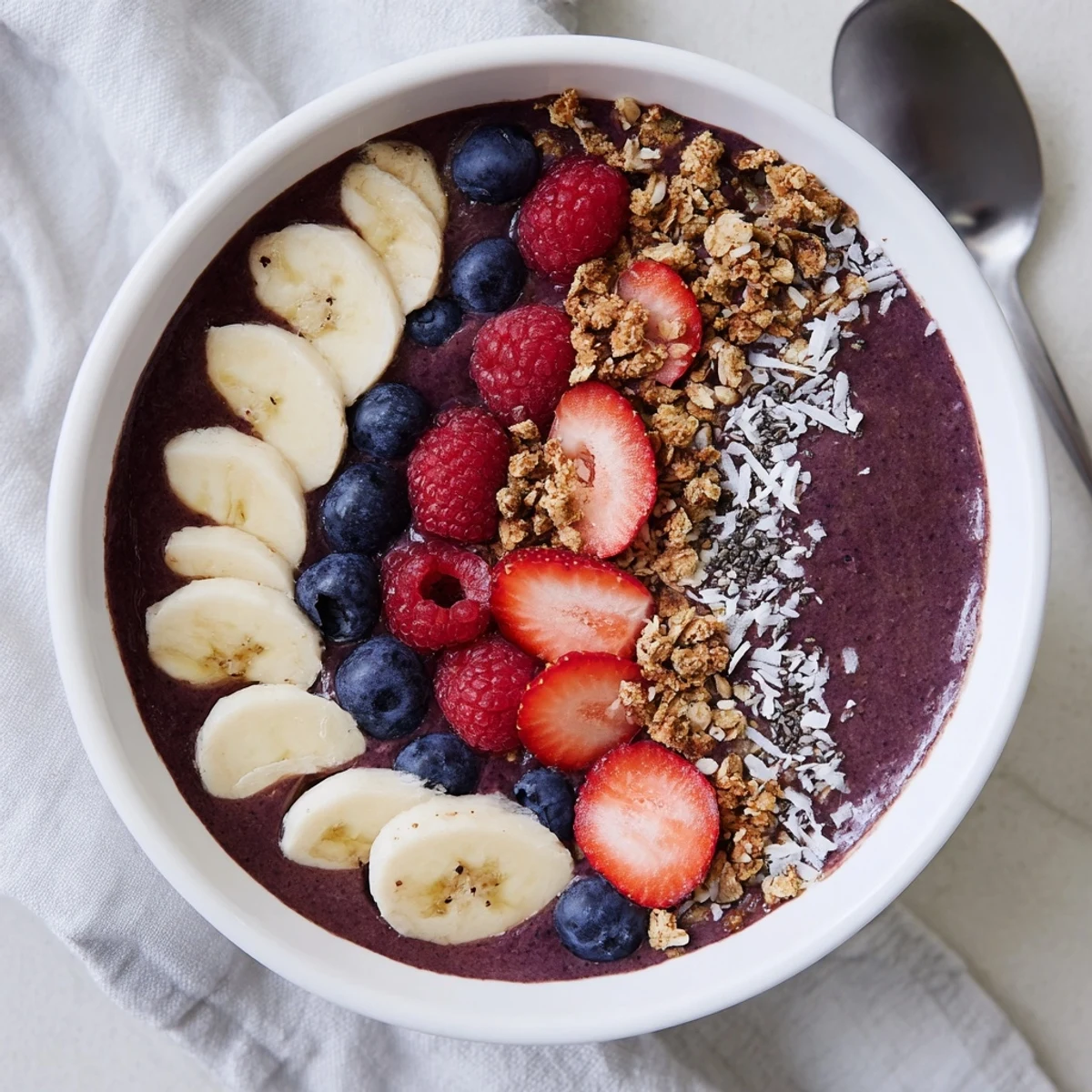 A vibrant acai berry smoothie bowl topped with sliced bananas, fresh berries, granola, chia seeds, and coconut flakes for a colorful, crunchy breakfast.