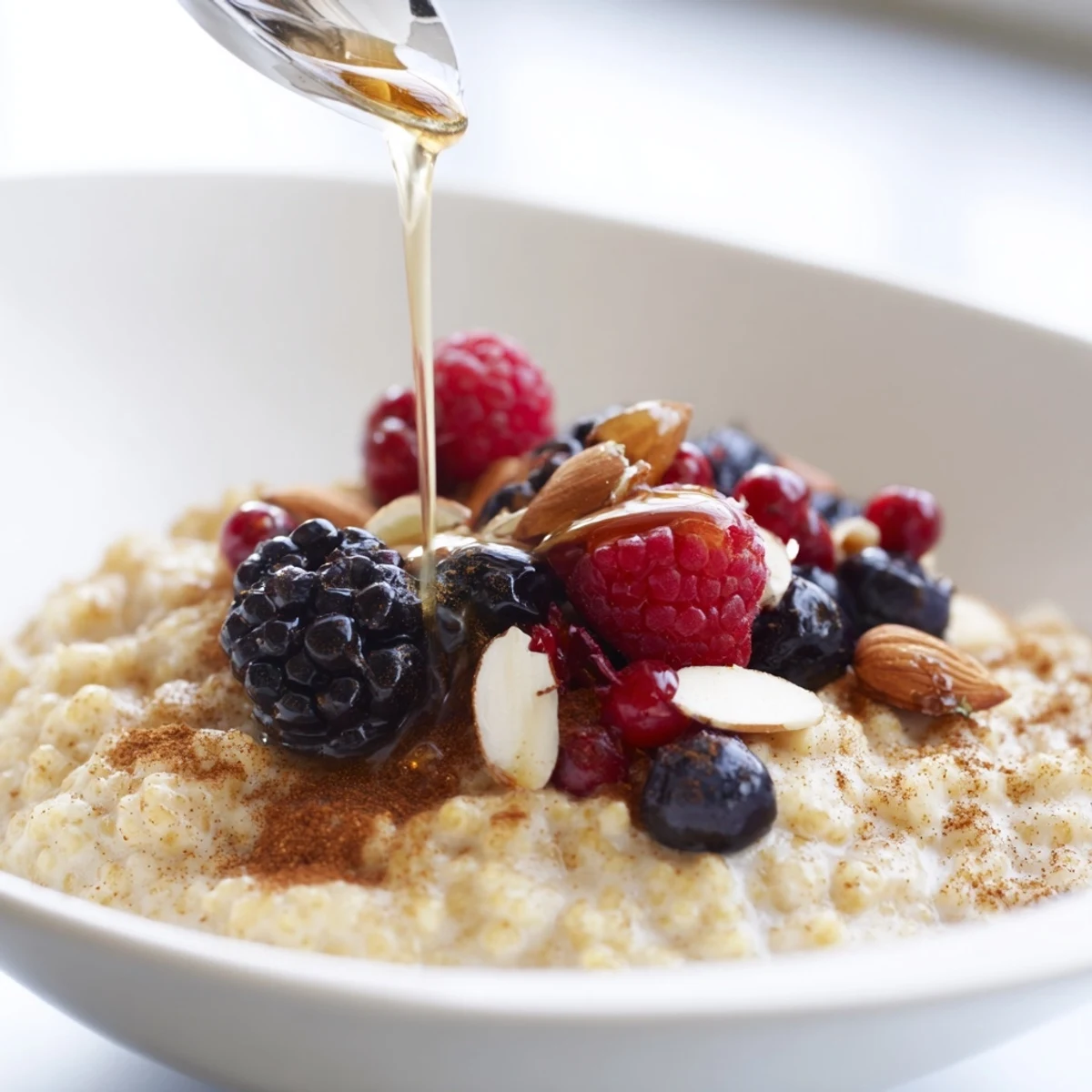 Creamy cinnamon-spiced Millet Porridge With Berries topped with fresh blueberries and raspberries in a cozy bowl.