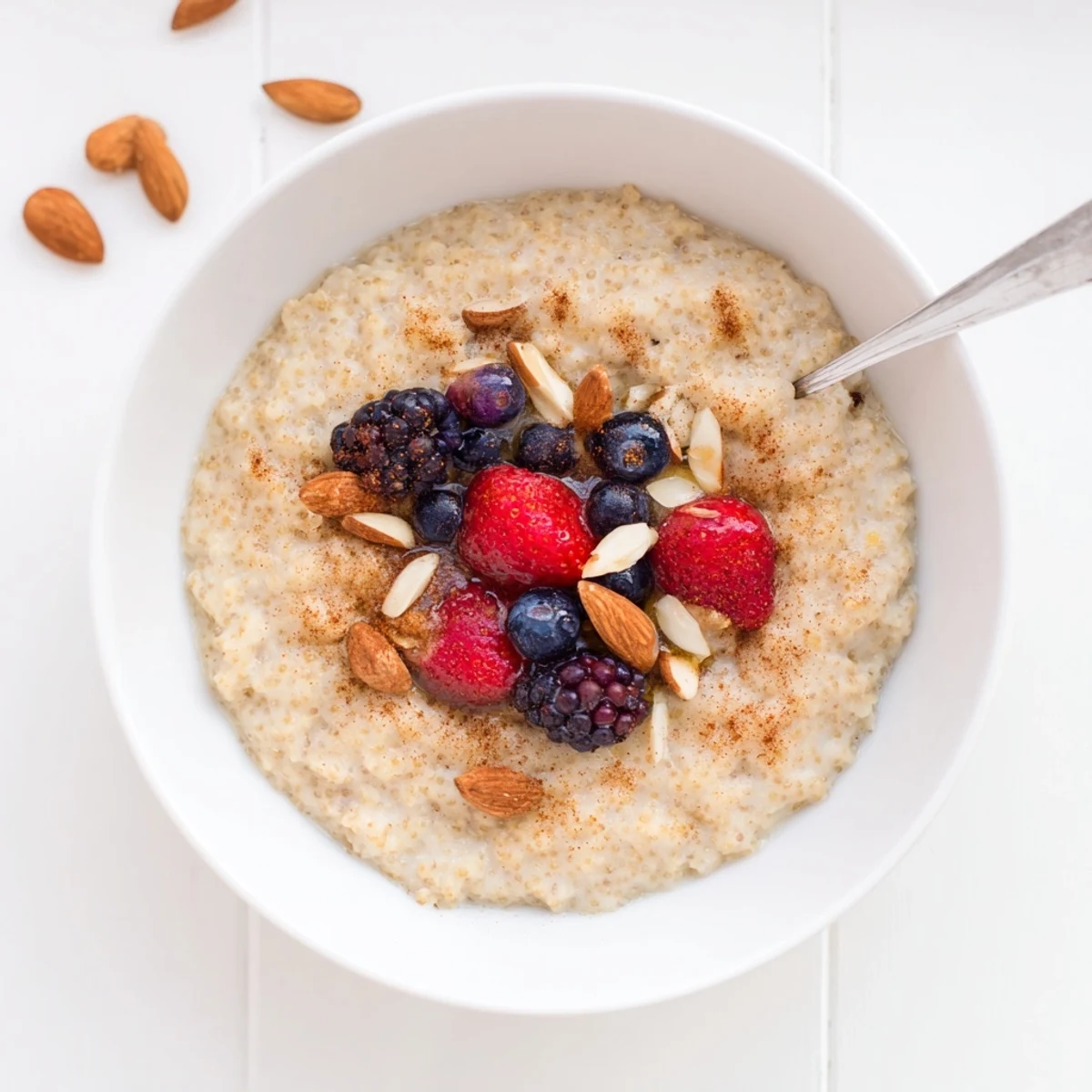 Steaming hot Millet Porridge With Berries in a rustic ceramic bowl, garnished with sliced almonds and a maple drizzle.