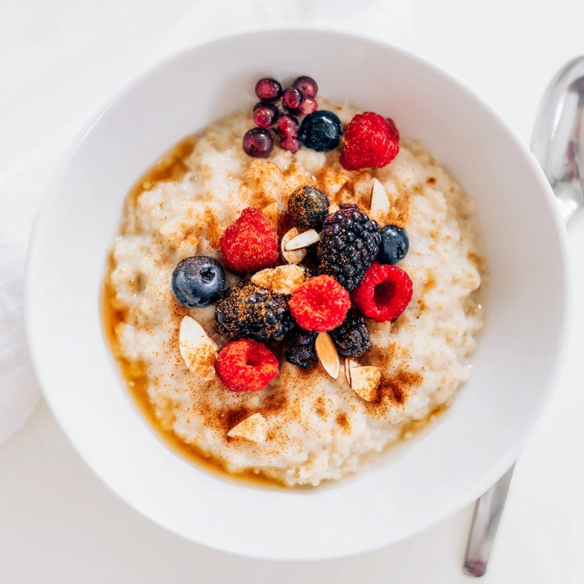 Warm Millet Porridge With Berries served with a side of herbal tea on a sunlit breakfast table.