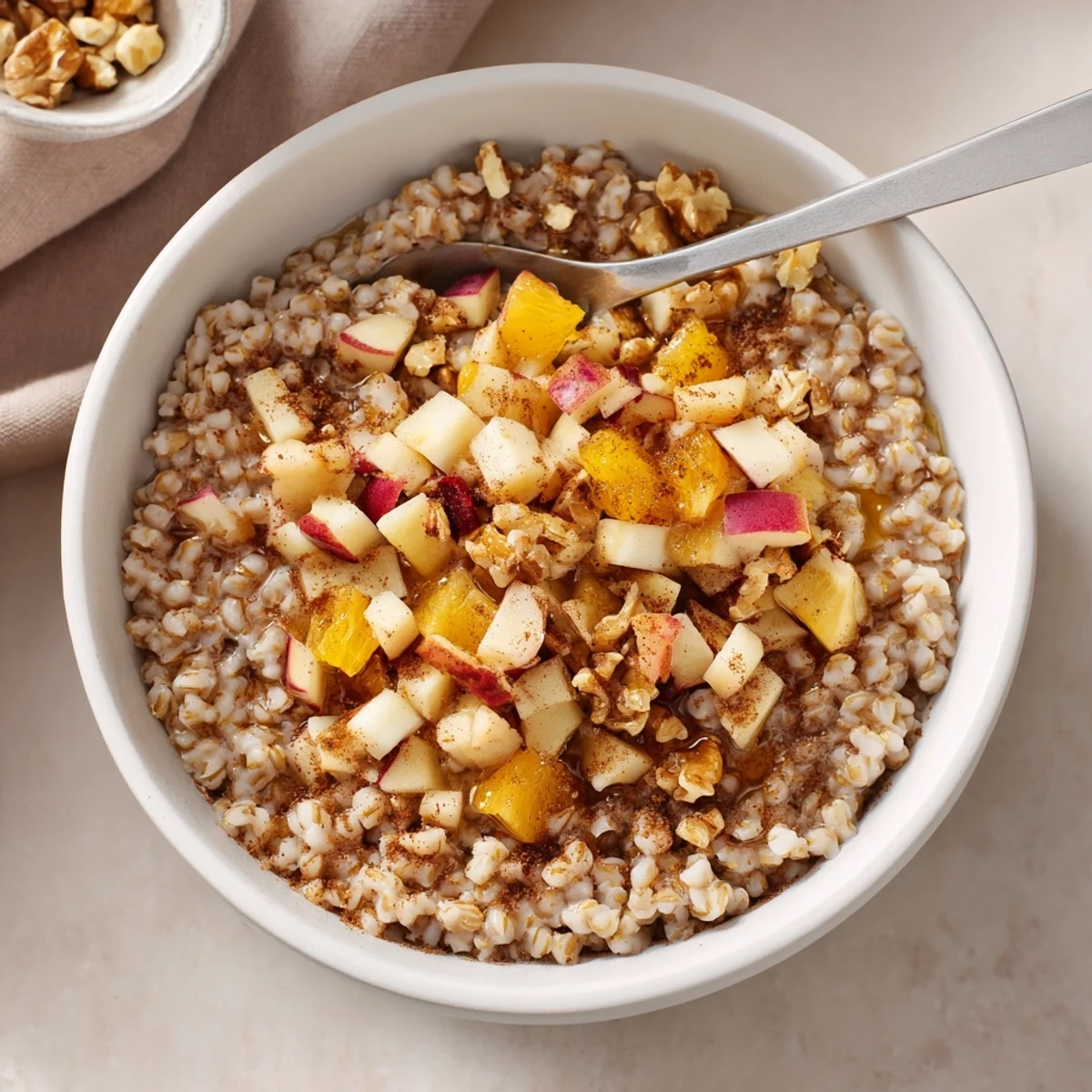A warm bowl of Buckwheat Groats Breakfast topped with mixed nuts and fresh berries.