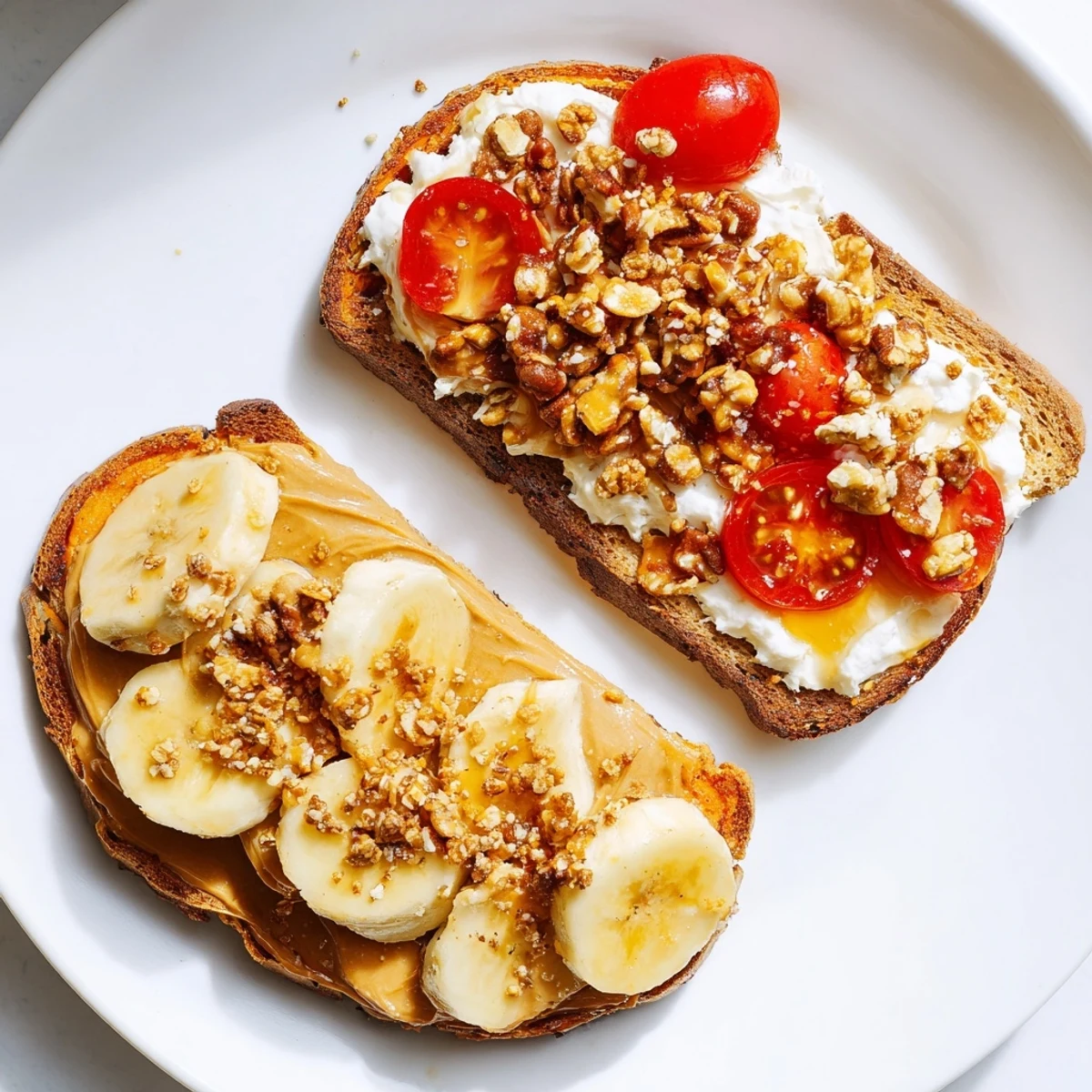 Sweet potato toast with sliced banana, peanut butter, and granola, offering a sweet and satisfying morning treat.