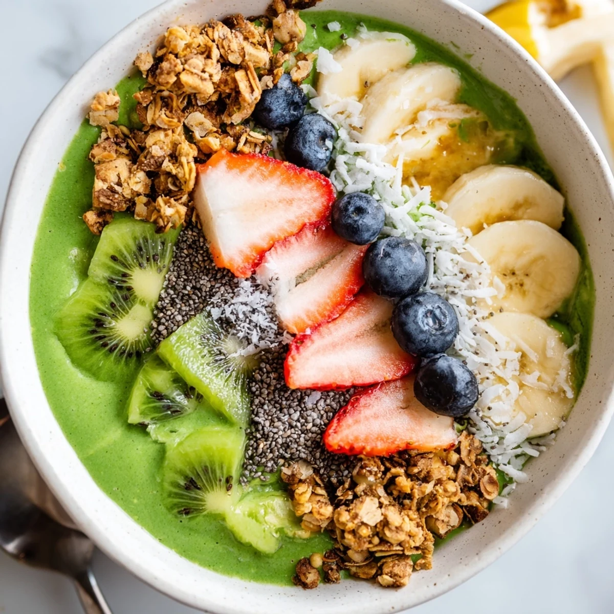A vibrant Green Smoothie Bowl topped with crunchy granola, fresh kiwi slices, and strawberries in a white bowl.