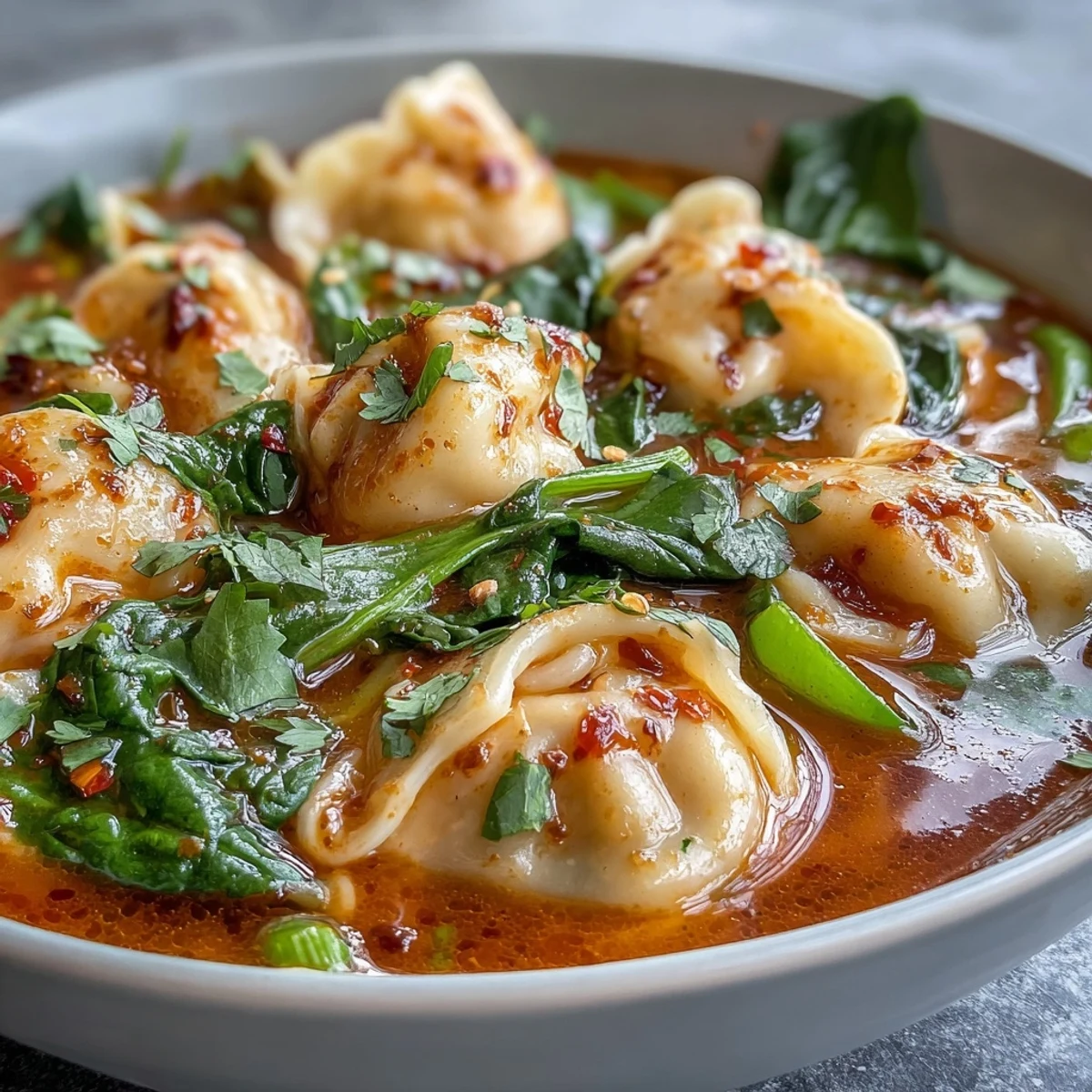 Hearty red curry wonton soup, a quick dinner option brimming with fresh vegetables.