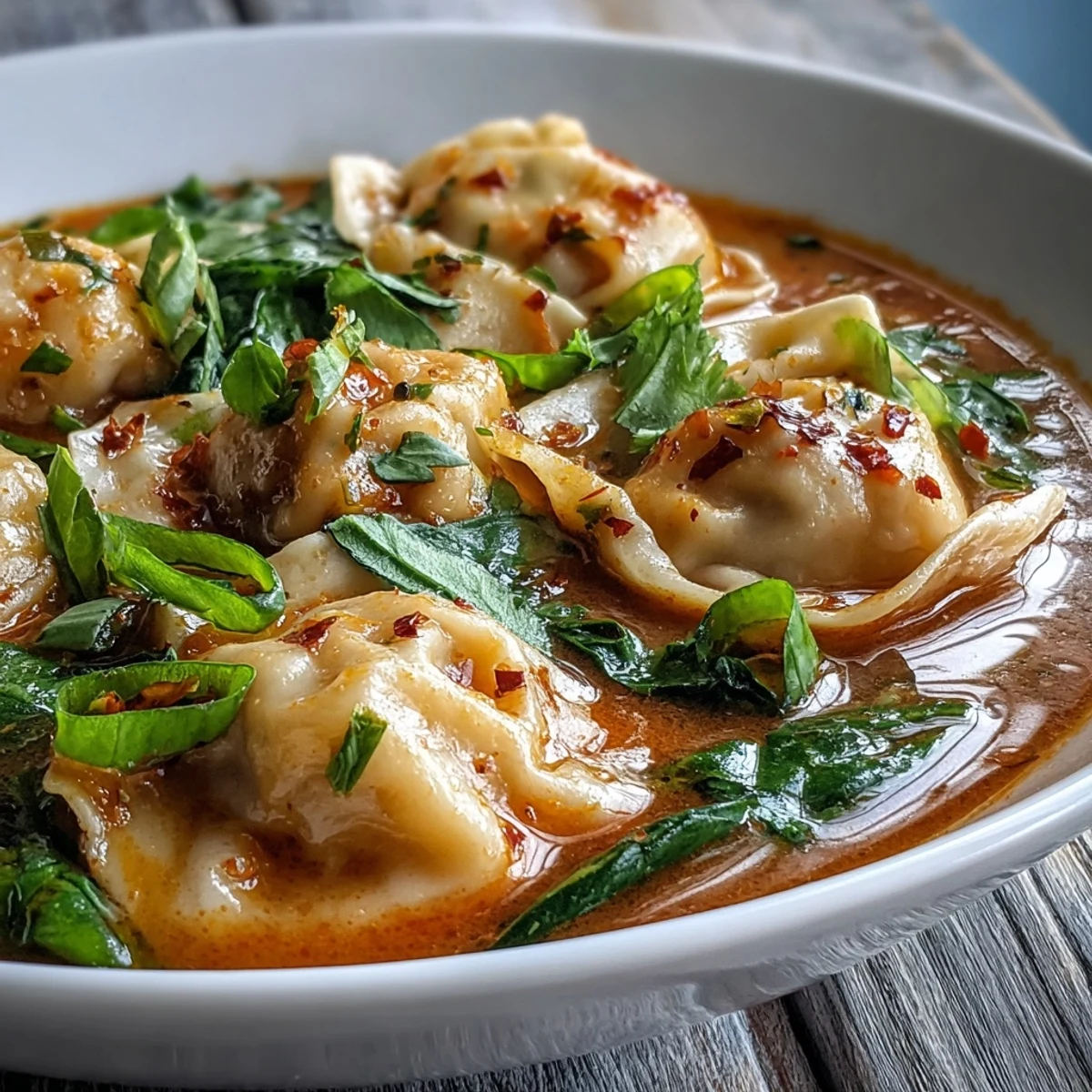Steaming bowl of red curry wonton soup, perfect for a comforting, flavorful meal.