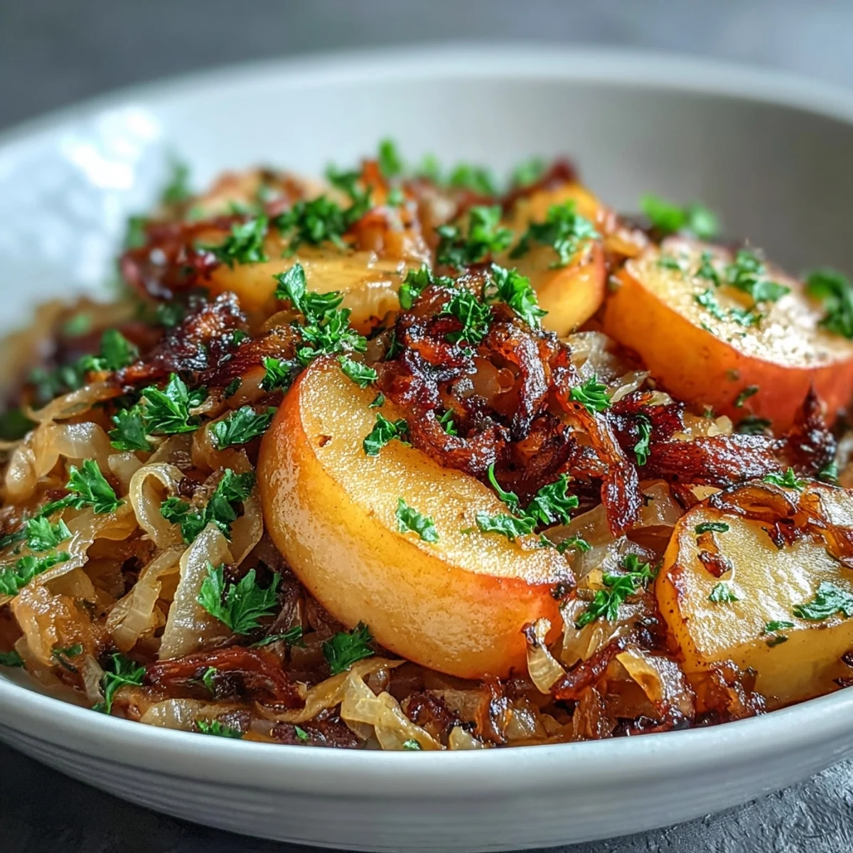 Warm apple and sauerkraut skillet salad glistening with caramelized apples and toasted nuts.