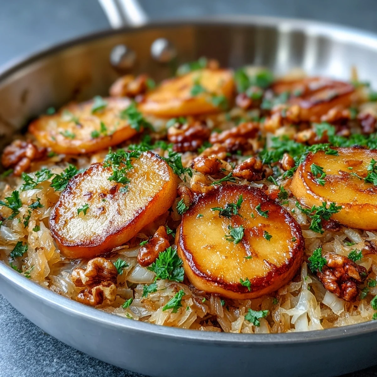 Savory warm apple and sauerkraut skillet salad featuring a sweet, tangy, and nutty flavor profile.