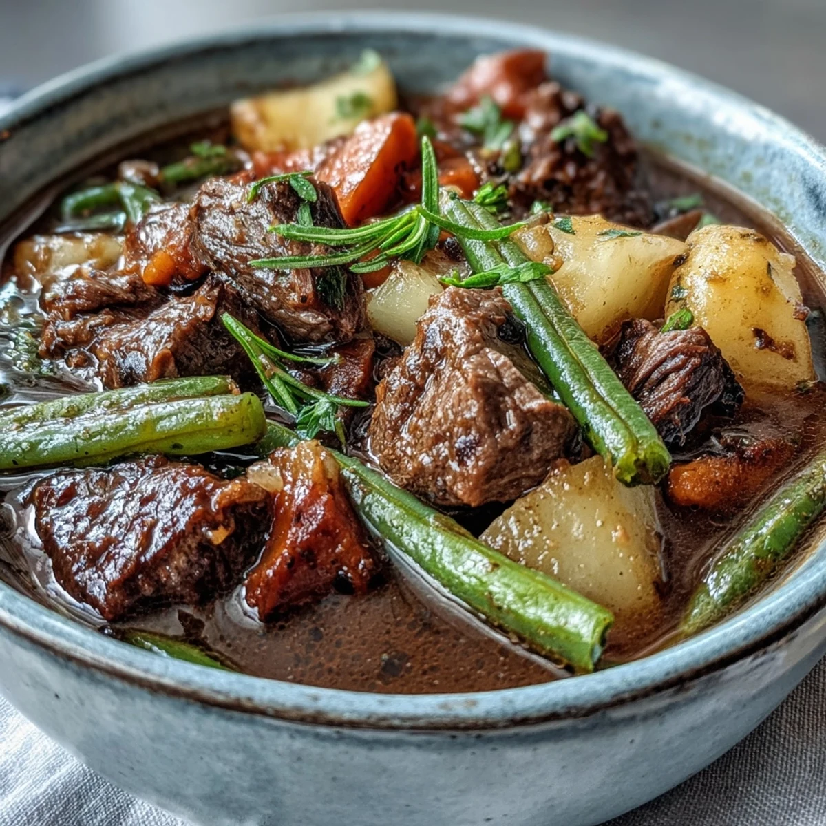 Hearty beef and vegetable soup, steam rising, with tender beef chunks.