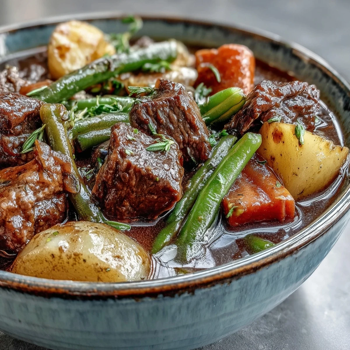 A comforting bowl of beef and vegetable soup, brimming with garden vegetables.
