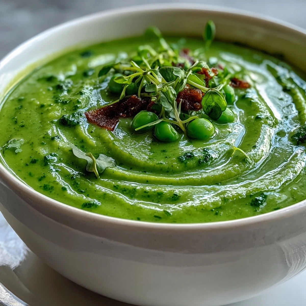 Vibrant courgette, pea and pesto soup, deliciously creamy and topped with a basil swirl.