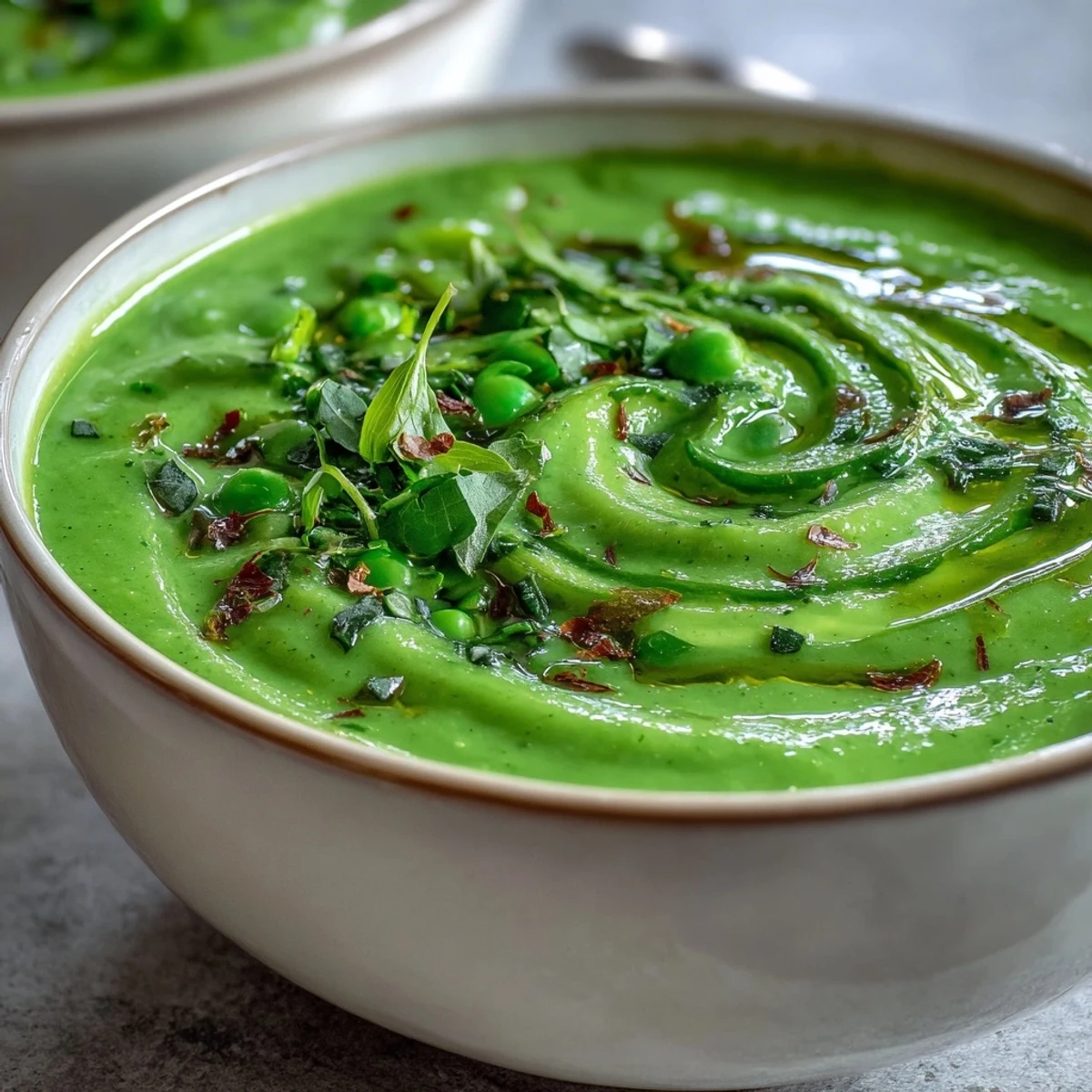 Fresh courgette, pea and pesto soup made with garden peas, garnished with basil leaves.