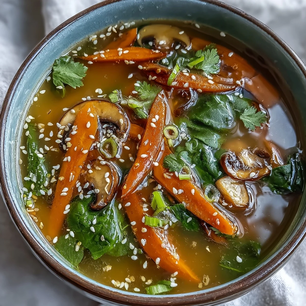 Cozy Miso Ginger Winter Soup with wilted greens and vibrant garnishes steaming.