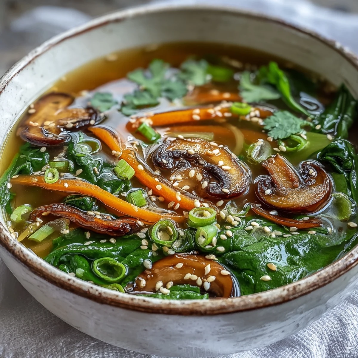 Ladle of warming Miso Ginger Winter Soup topped with sesame seeds, perfect for a chilly evening.