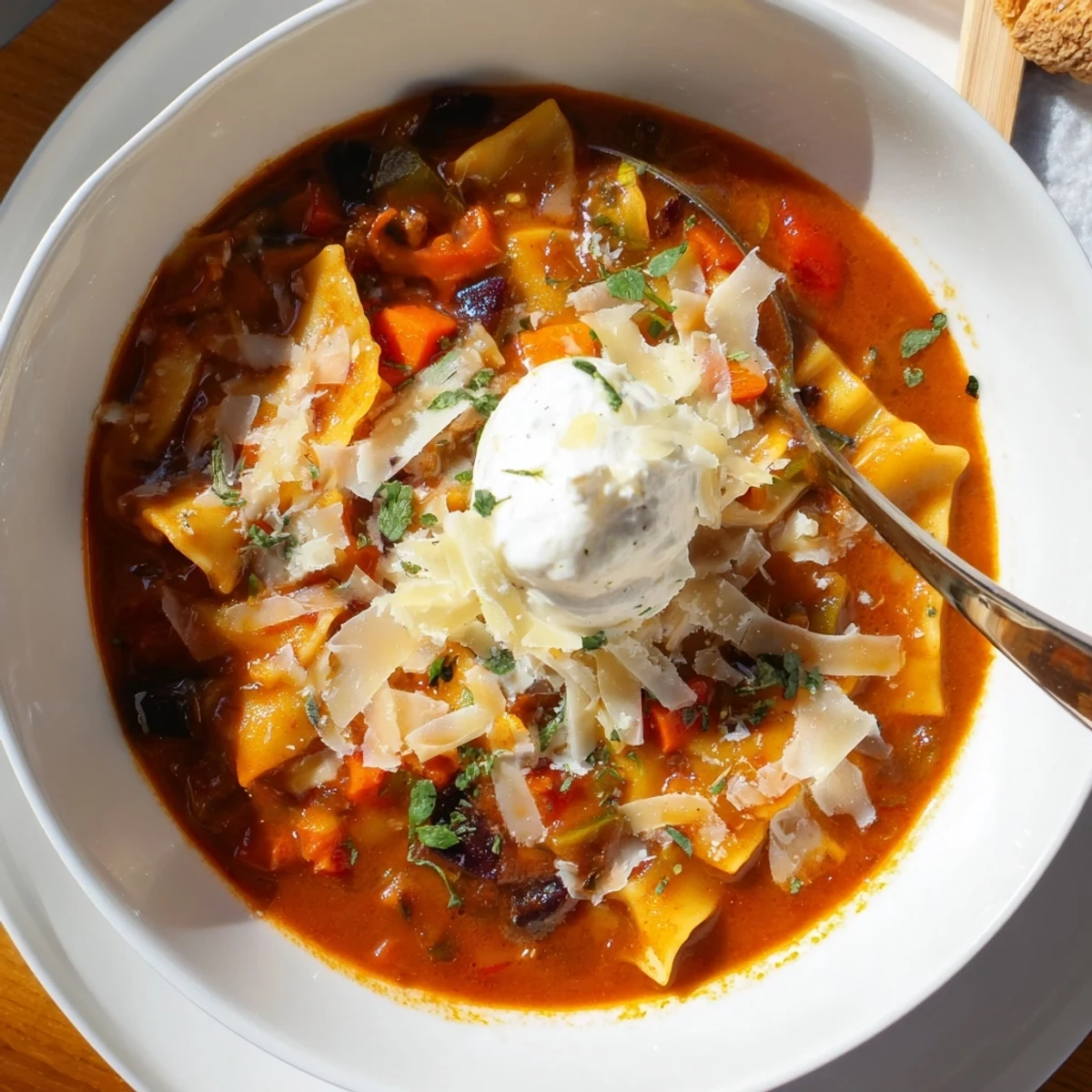 Creamy lasagne soup with pumpkin ricotta, topped with melted mozzarella for warmth.  