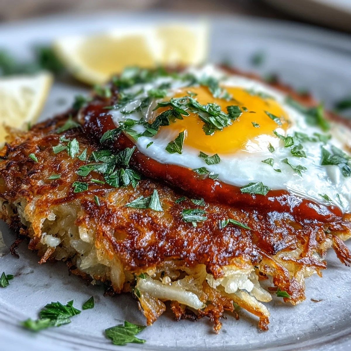 Crispy golden celeriac rösti topped with spicy harissa yogurt and a perfectly fried egg, served hot for a vibrant vegetarian brunch.