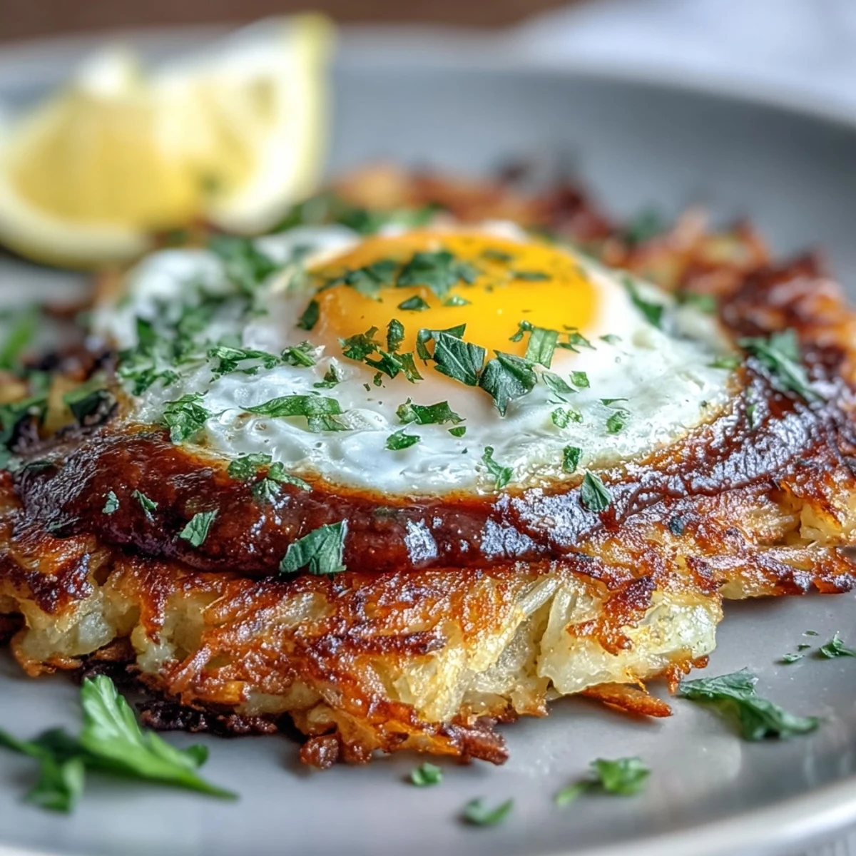 Close-up of golden celeriac rösti with creamy harissa yogurt and sunny fried eggs, garnished with fresh parsley and lemon wedges.