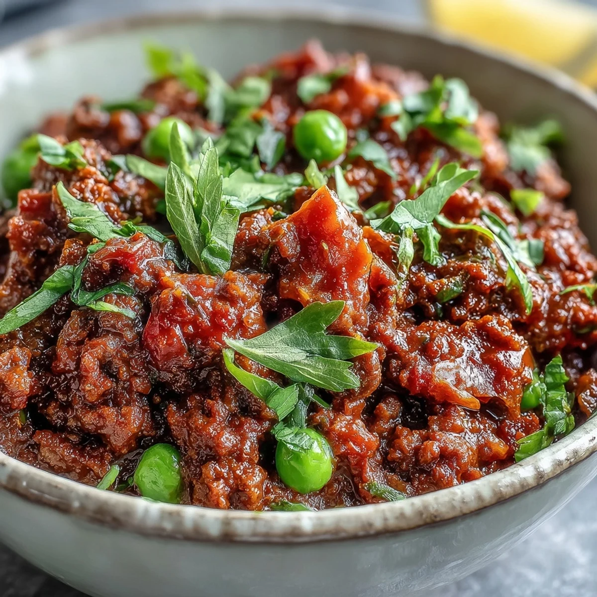 Richly spiced Venison Keema Curry simmering in a skillet, with tender ground meat and peas mingling in a thick, aromatic gravy.