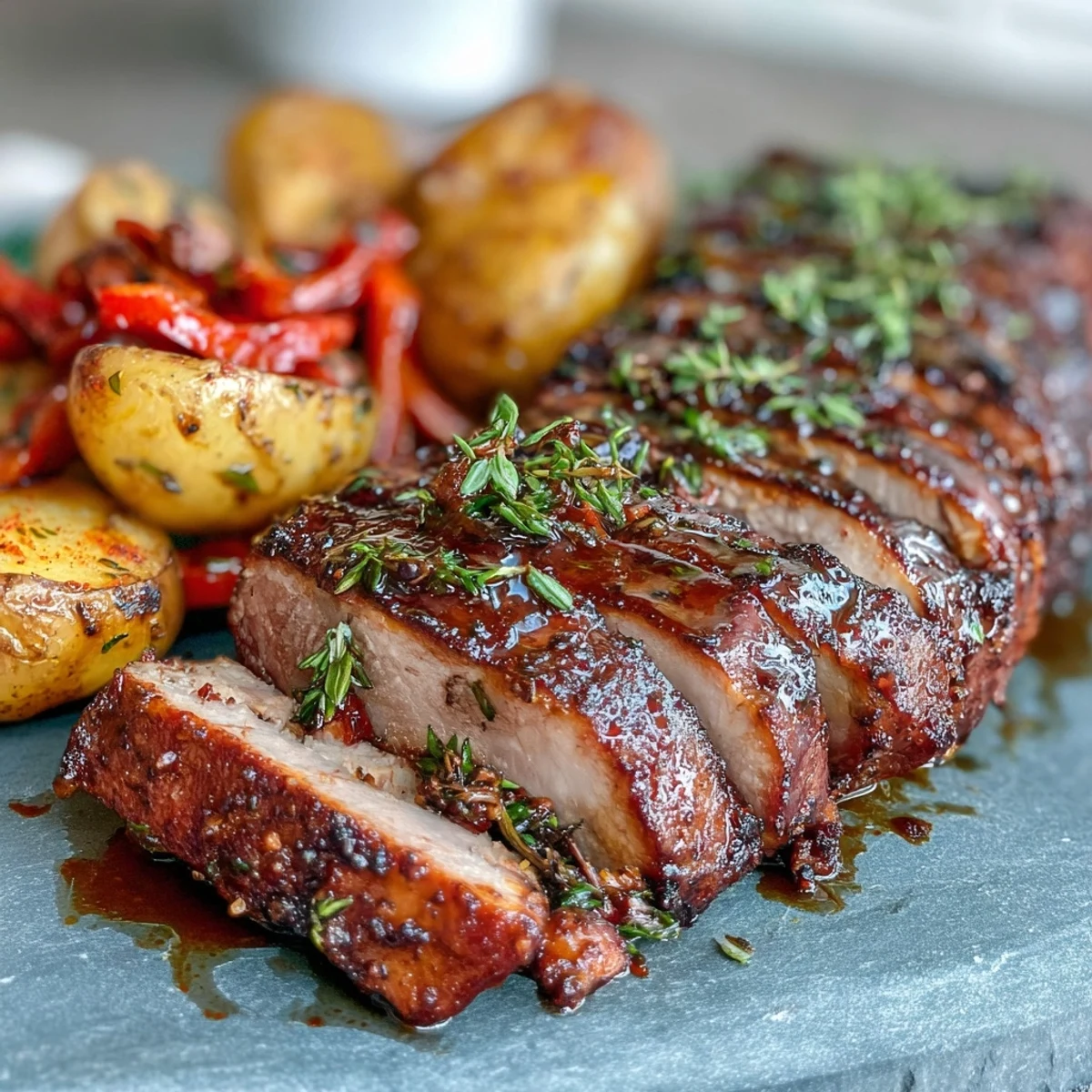Golden slices of marinated Ibérico pork fillet rest beside roasted potatoes and sweet red peppers, drizzled with pan juices for a Spanish-inspired feast.
