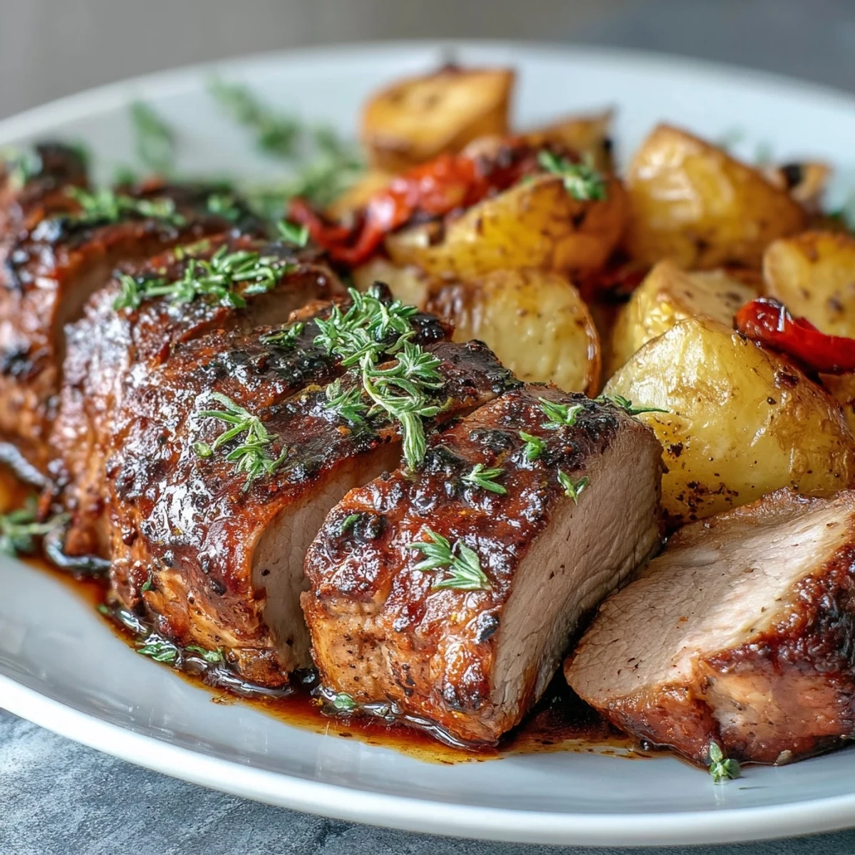 A rustic platter of juicy marinated Ibérico pork, golden potatoes, and roasted red peppers, perfect for a Spanish-inspired main dish.